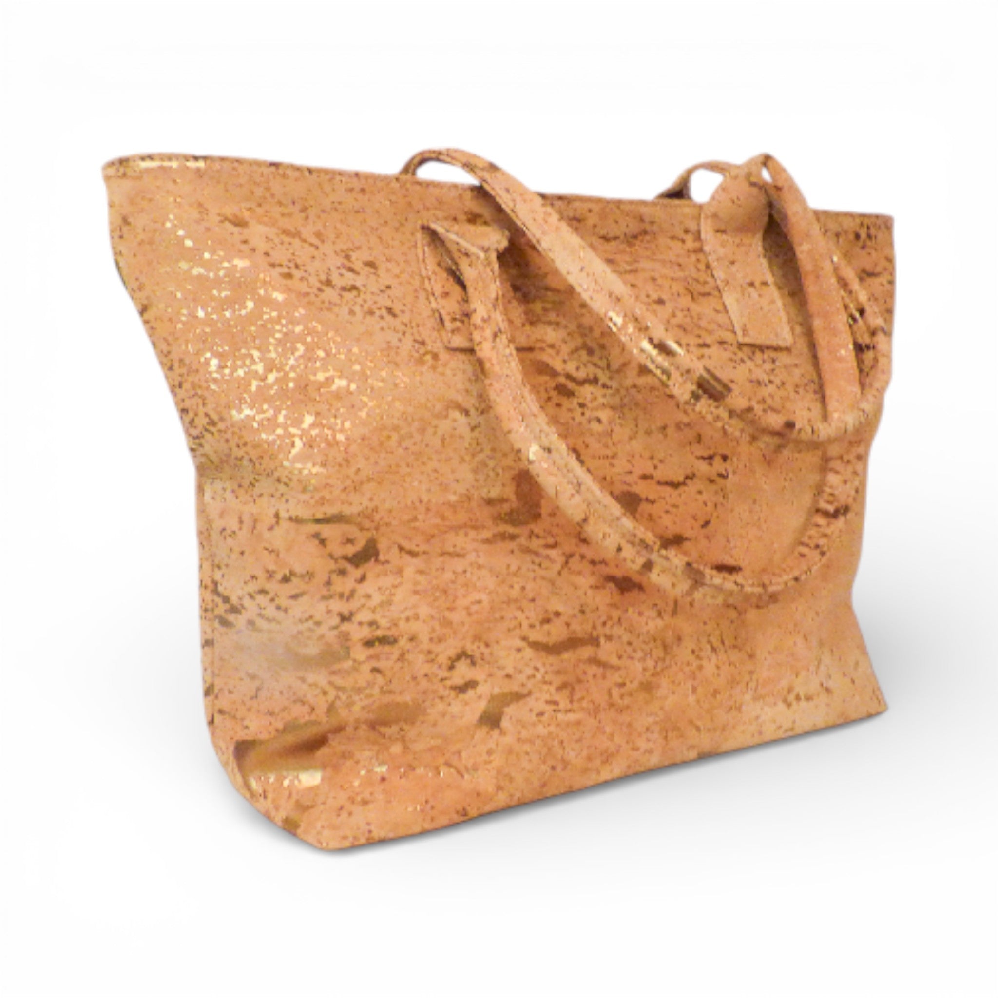 Cabas en liège pailleté or de trois-quarts — Cork Design, deux anses, breloque métal, Portugal
