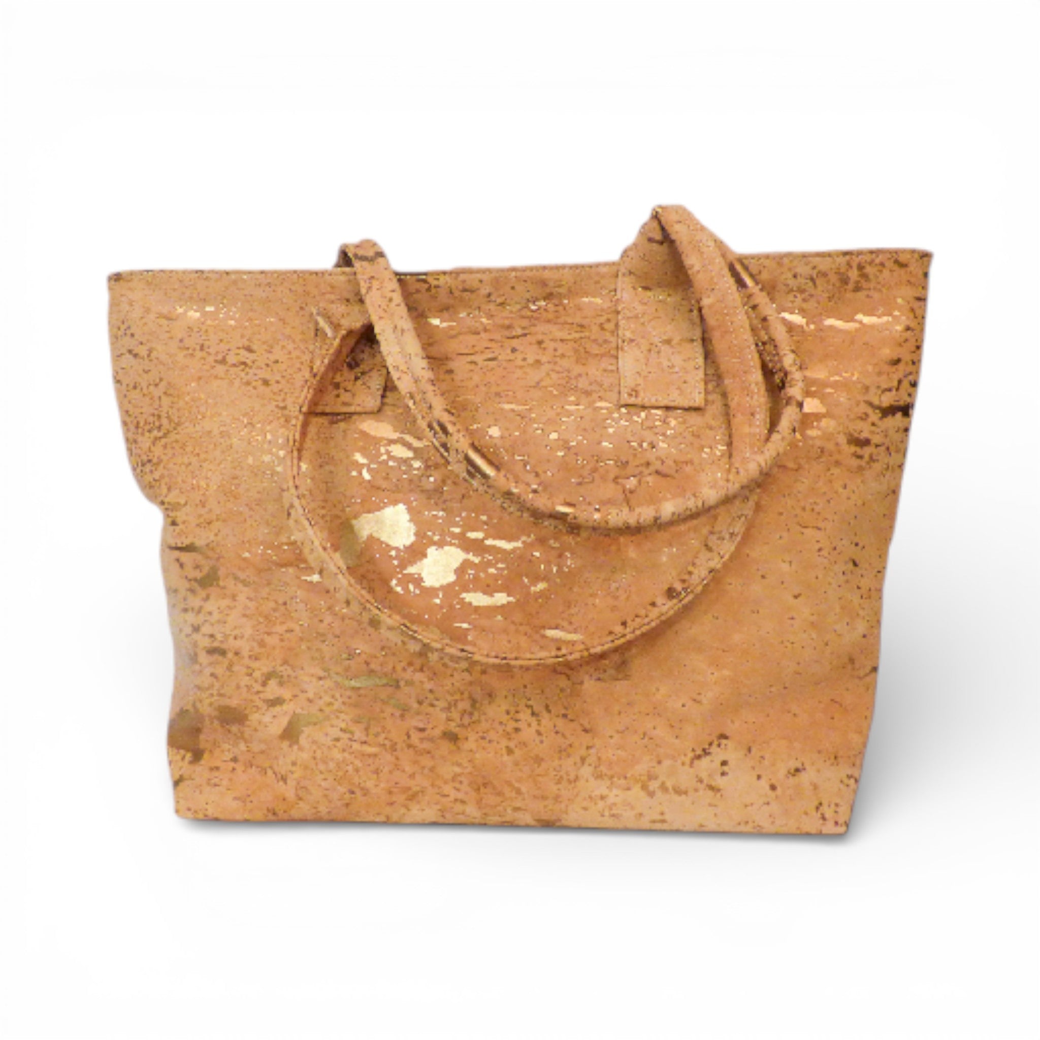Cabas en liège pailleté or vu de face — Cork Design, deux anses, breloque métal, Portugal