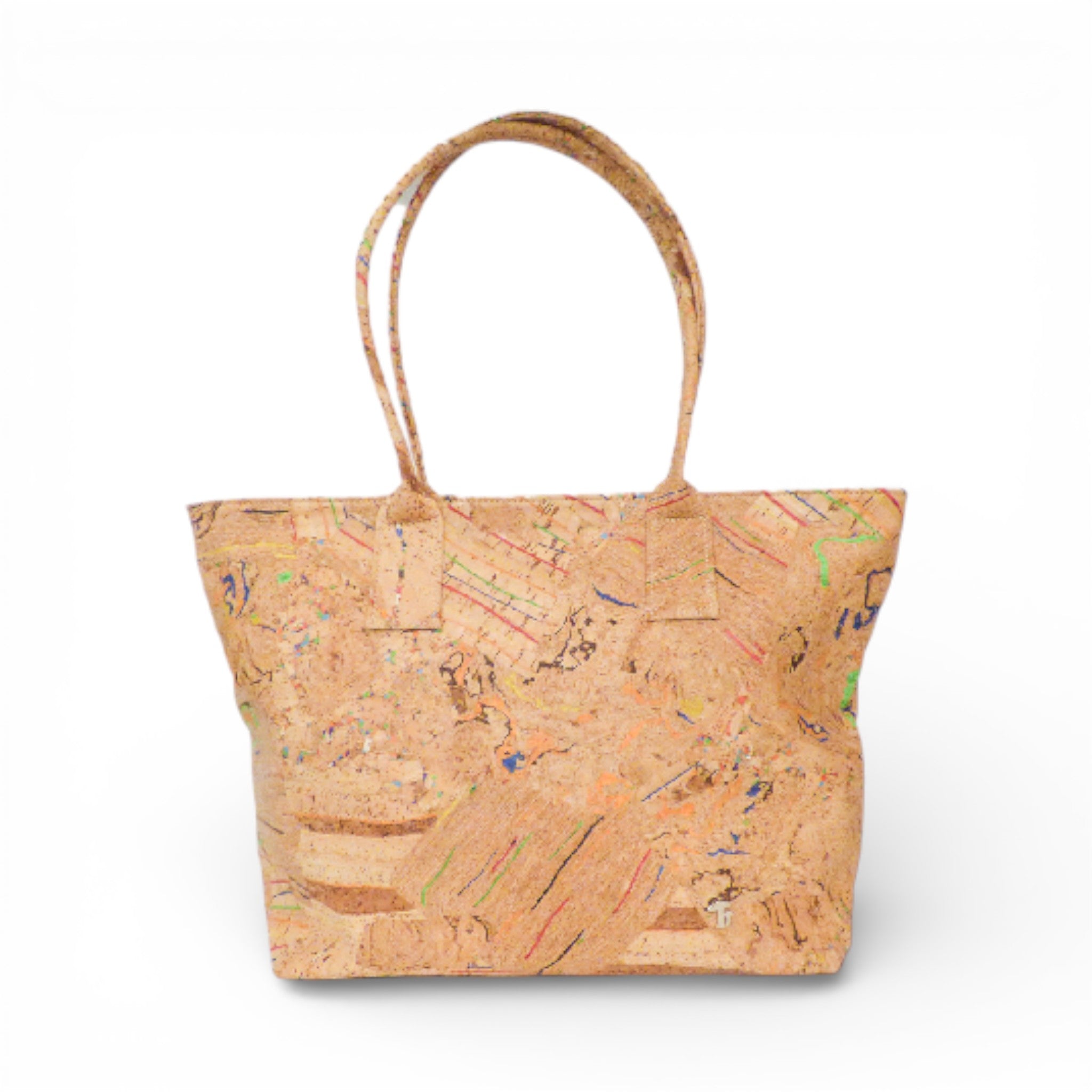 Cabas en liège moucheté multicolore vu de face — Cork Design, deux anses, Portugal