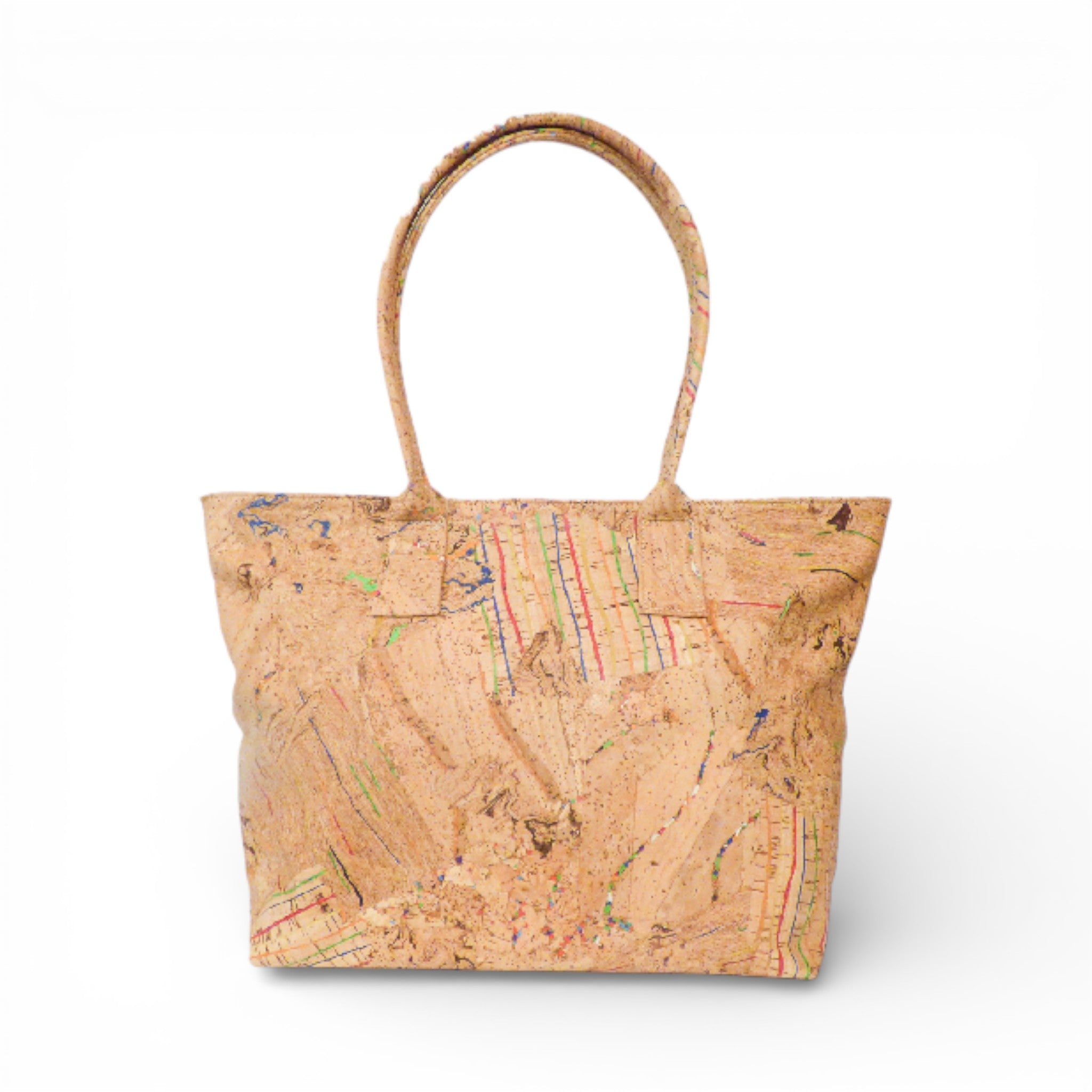 Cabas en liège moucheté multicolore vu de face — Cork Design, deux anses, Portugal