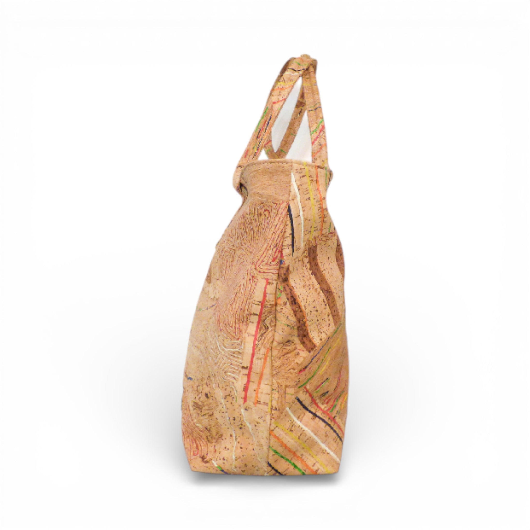 Profil d'un sac cabas en liège moucheté multicolore — Cork Design, anses longues, Portugal
