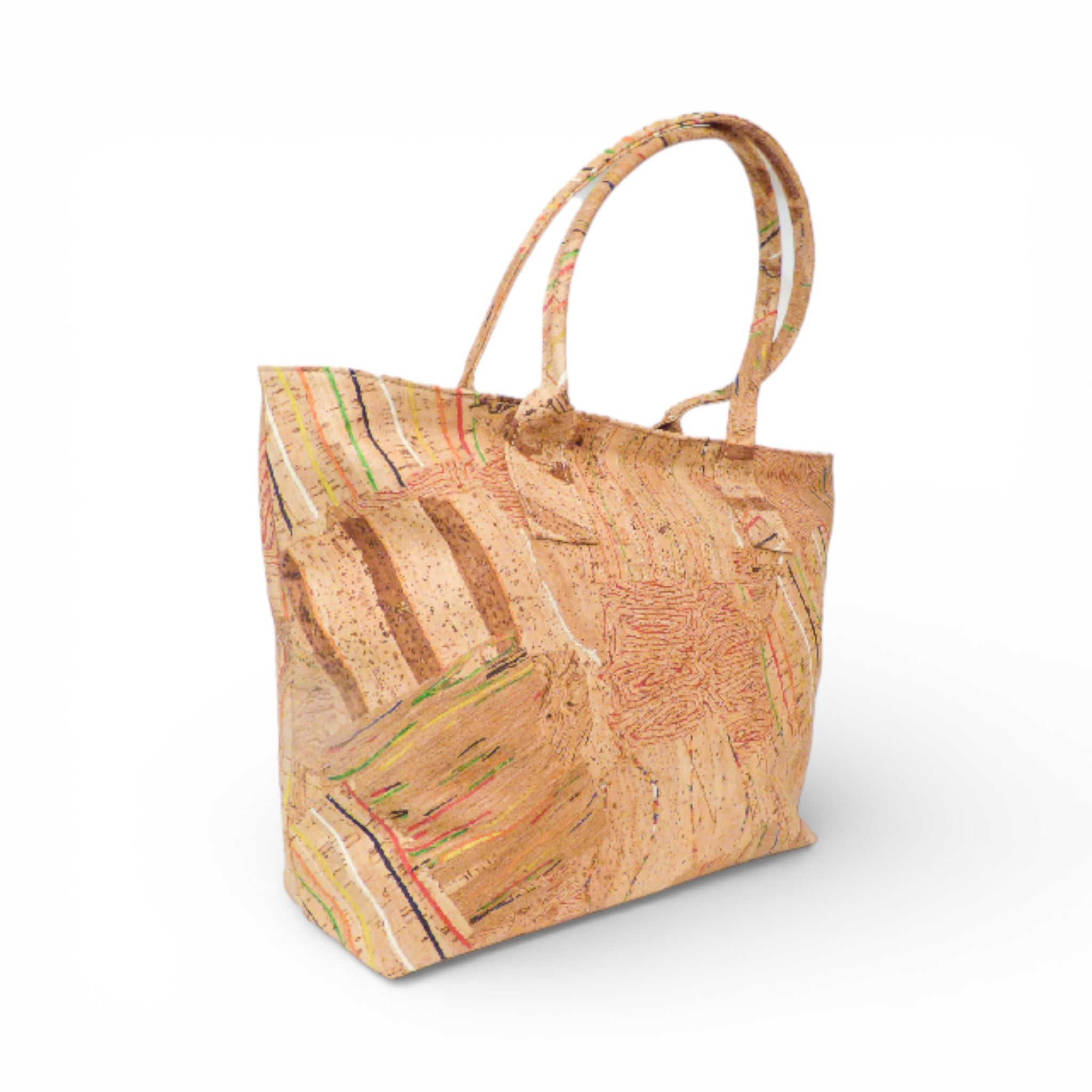 Sac cabas en liège moucheté multicolore vu de trois-quarts — Cork Design, anses longues, Portugal
