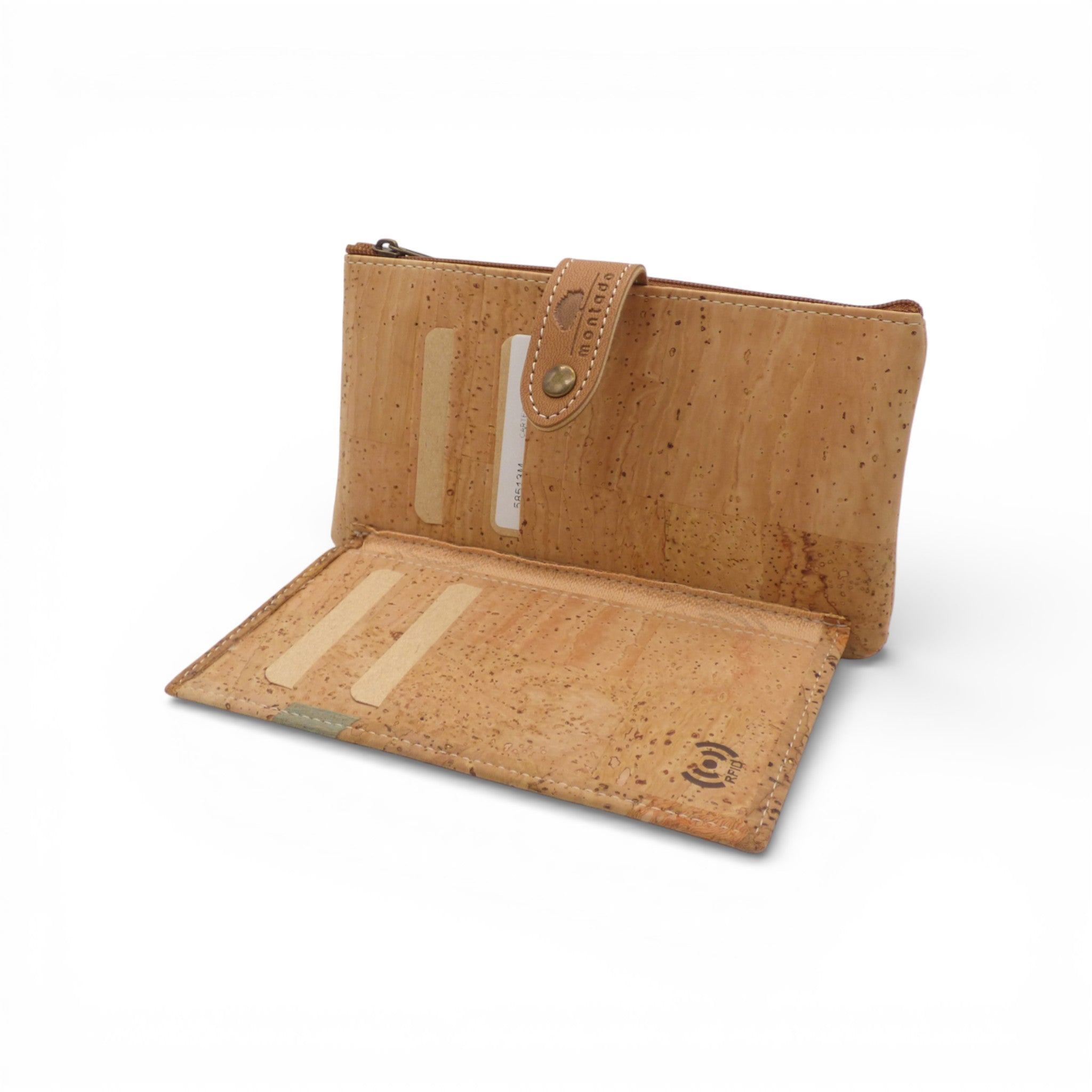 Cork wallet "Pratique & Sécurisé" by Montado featuring RFID protection, showcasing its sleek design and texture.
