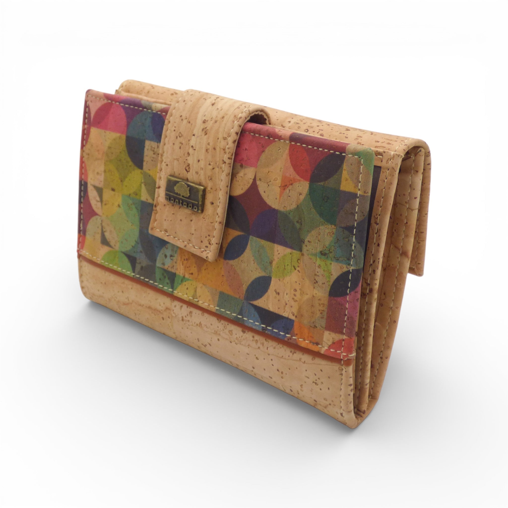 Portefeuille compact à rabat en liège motif géométrique multicolore — Montado, fermeture pression, Portugal