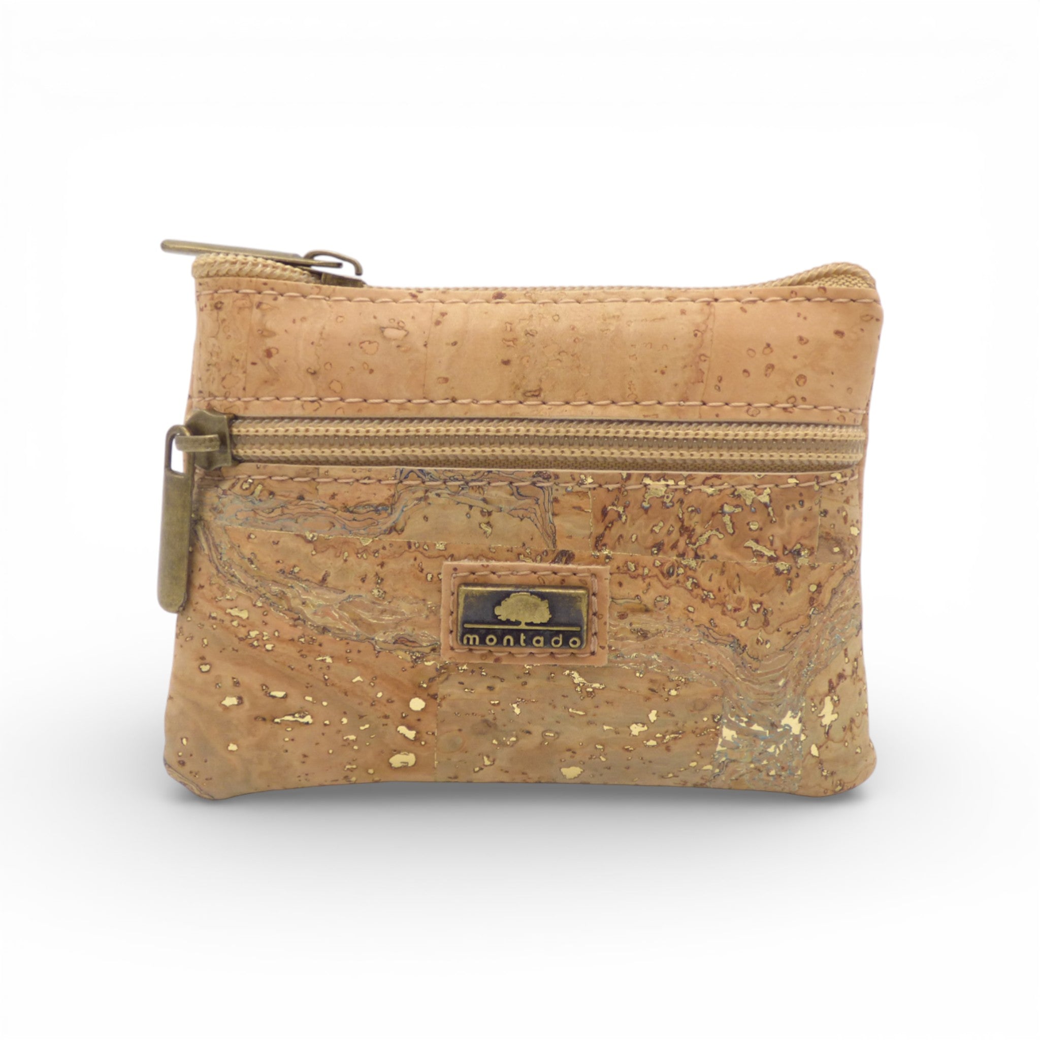 Porte-monnaie double zip en liège naturel marbré pailleté or — Montado, zips laiton, Portugal