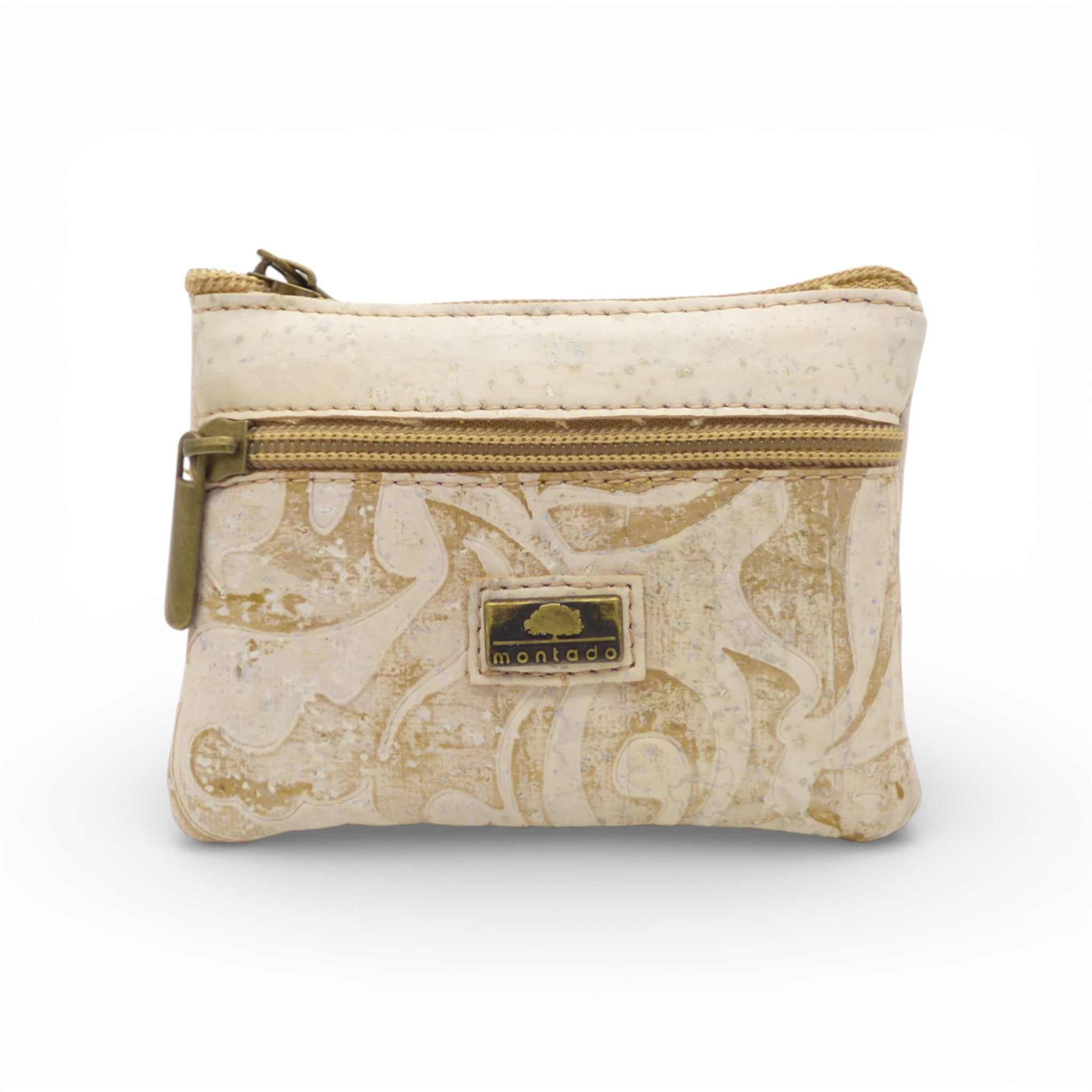 Porte-monnaie double zip en liège crème motif arabesque — Montado, zips beige, laiton, Portugal