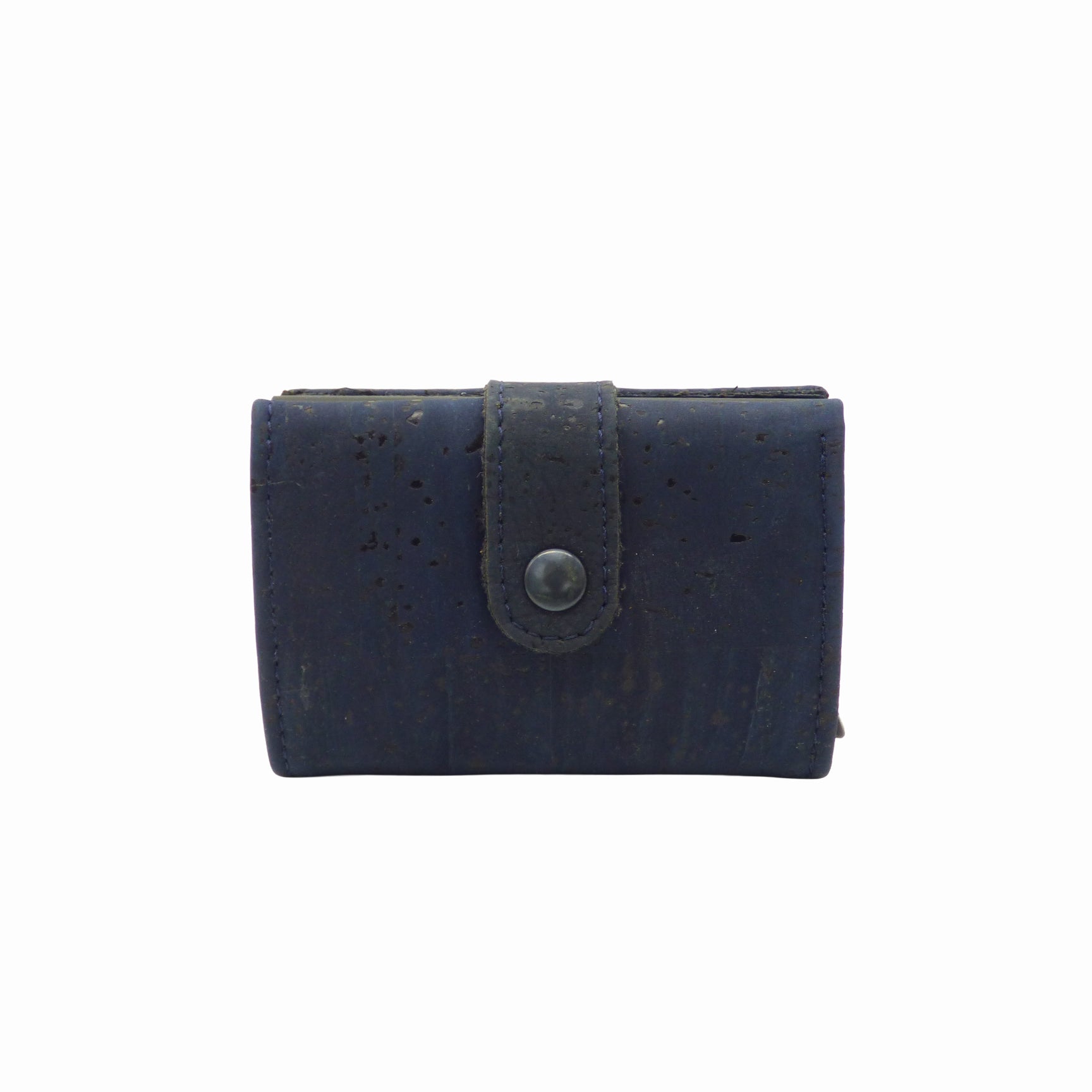 Porte-cartes en liège bleu marine, vue de face — Amador Varum, patte à bouton-pression, Portugal