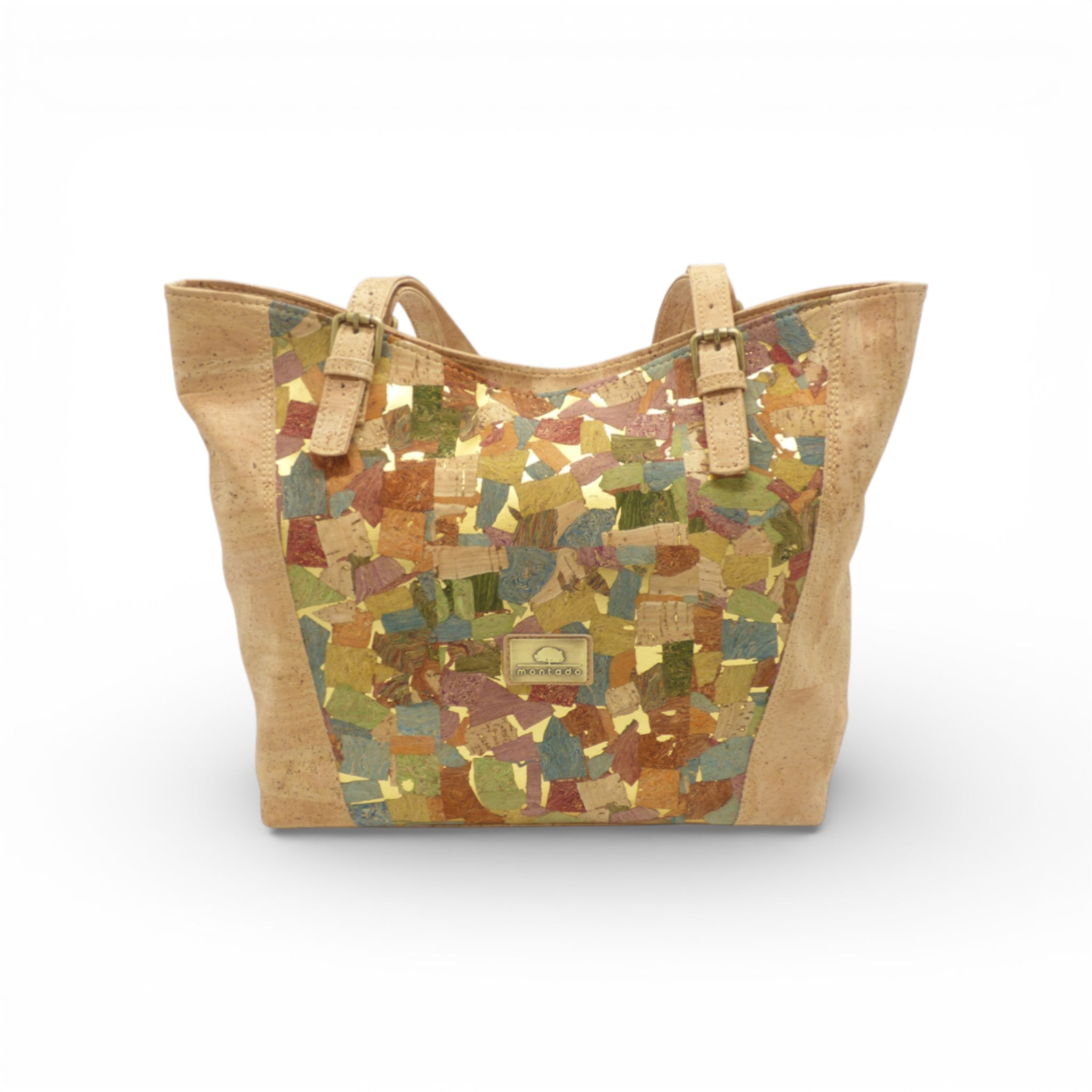 Sac épaule en liège mosaïque multicolore, vue face — Montado Élégance Structurée, Portugal