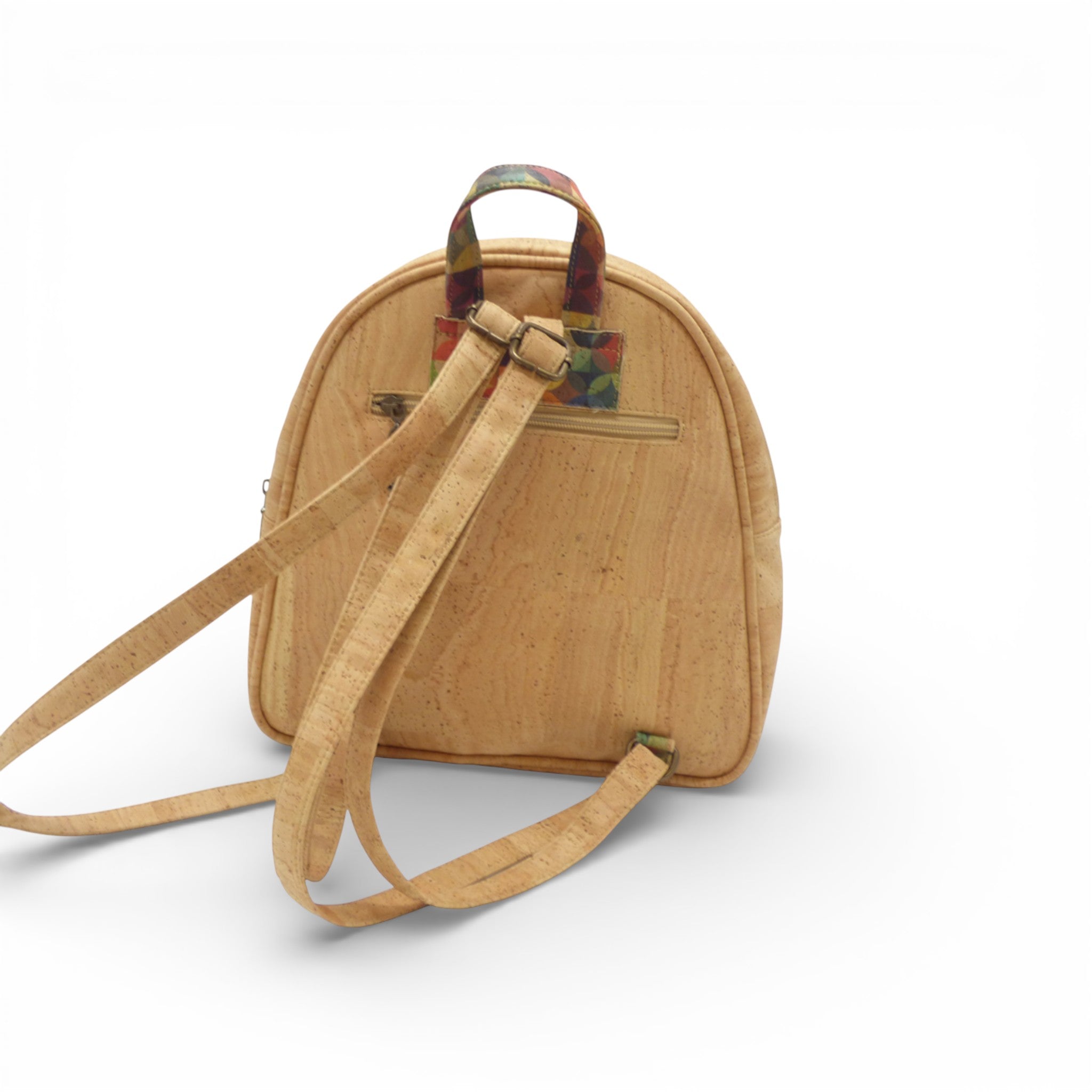 Dos d'un sac à dos en liège naturel, bretelles et anse imprimée multicolore — Montado, Portugal