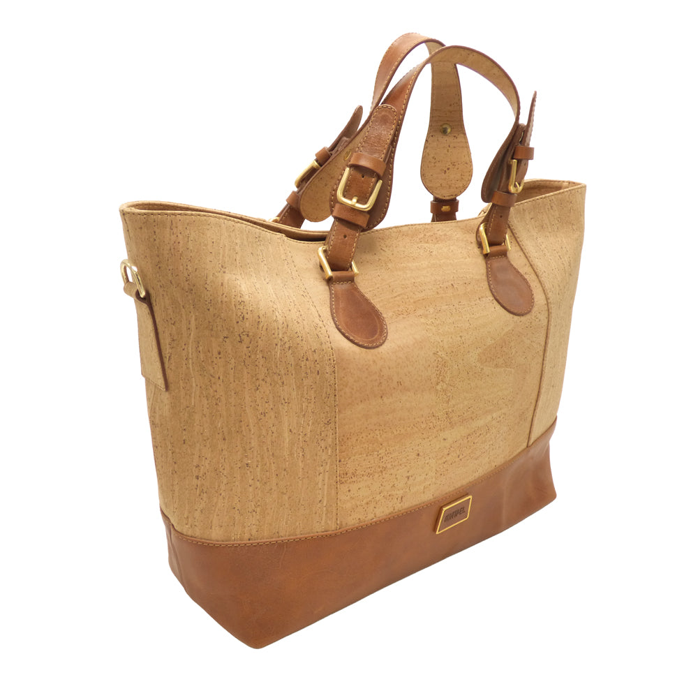 Sac à main Hipica grand format en liège et cuir marron avec détails dorés.