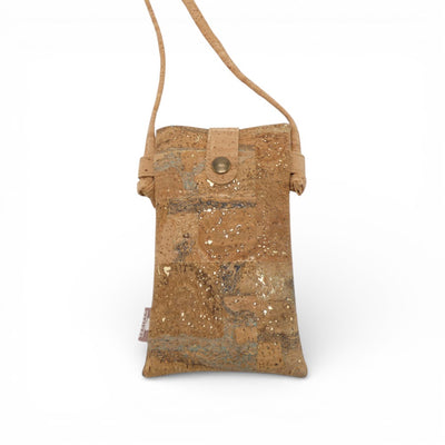 Pochette téléphone en liège naturel moucheté or et gris — Montado, bandoulière et bouton-pression, Portugal