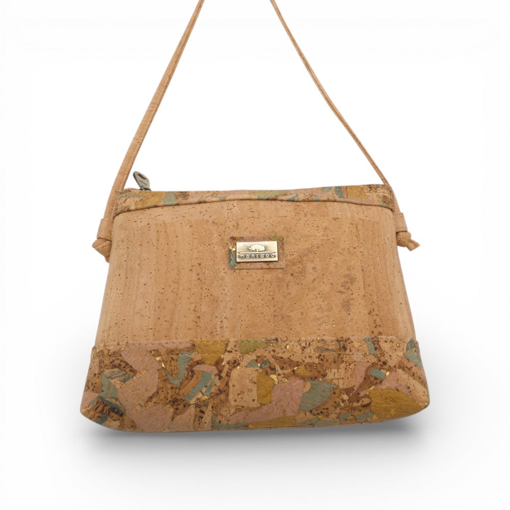 Pochette bandeau en liège naturel de face — Montado, bandeau floral multicolore, zip, Portugal
