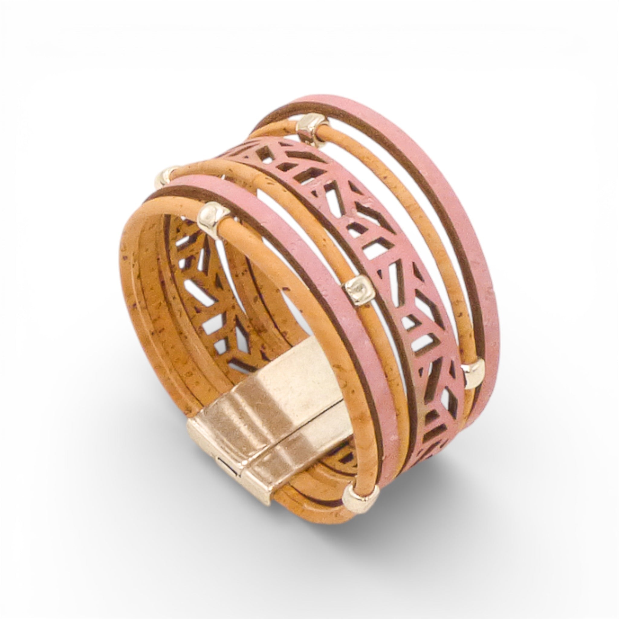 Cork cuff bracelet "Rose Bohème" by Artipel featuring intricate design and natural texture, perfect for stylish accessorizing.