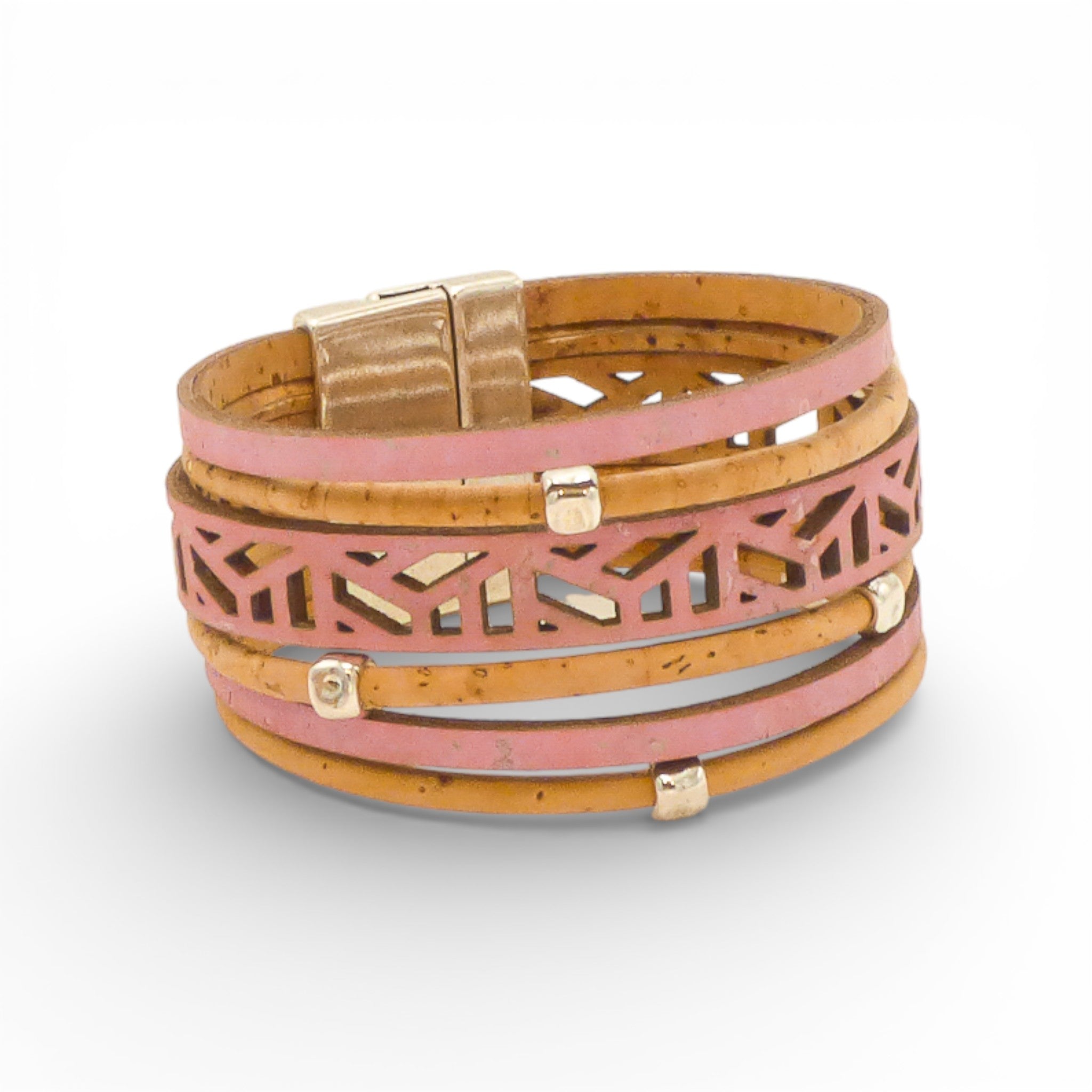 Cork cuff bracelet "Rose Bohème" by Artipel, featuring a boho design with a natural texture and elegant pink accents.