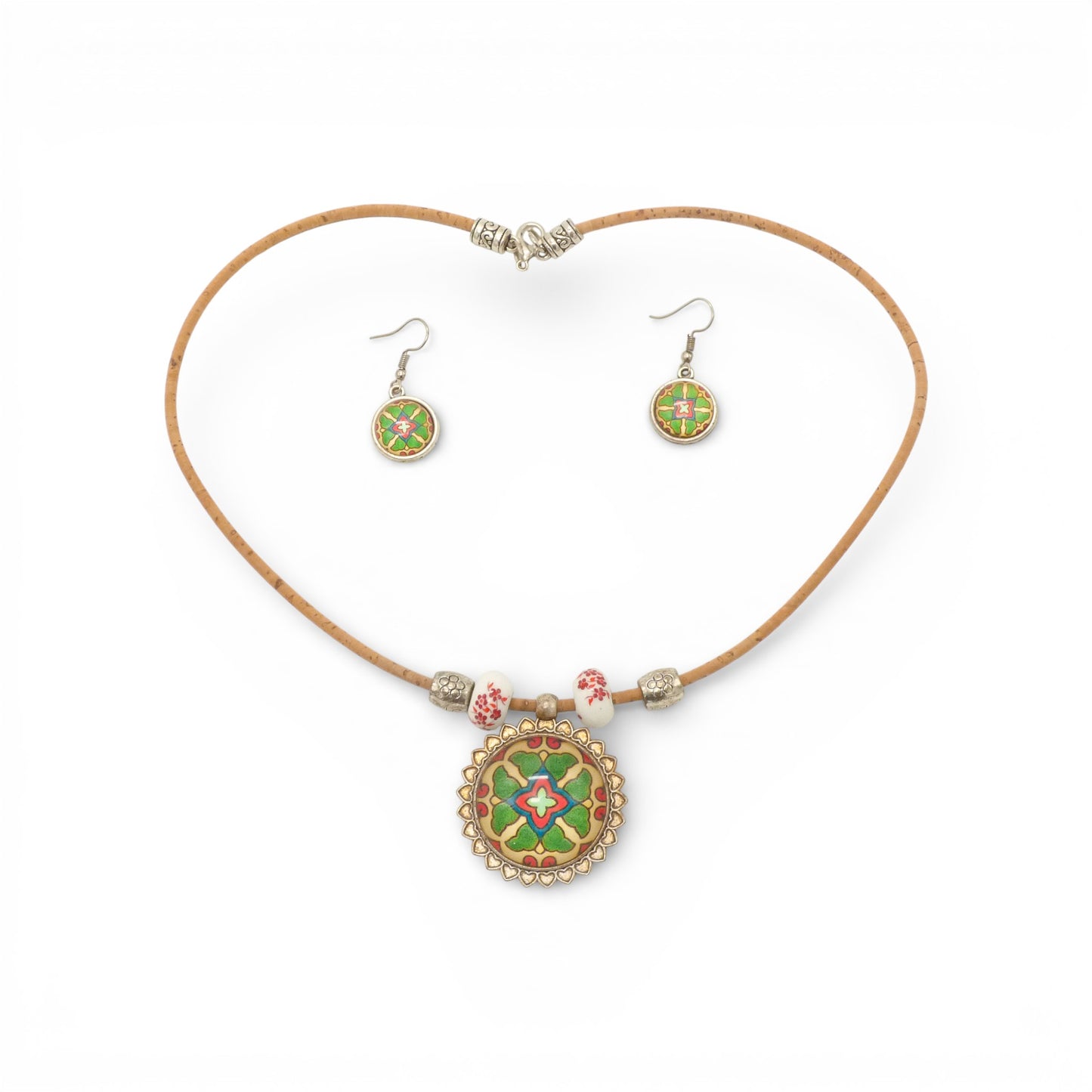 Artipel cork jewelry set featuring a necklace and earrings, showcasing natural textures and elegant design.