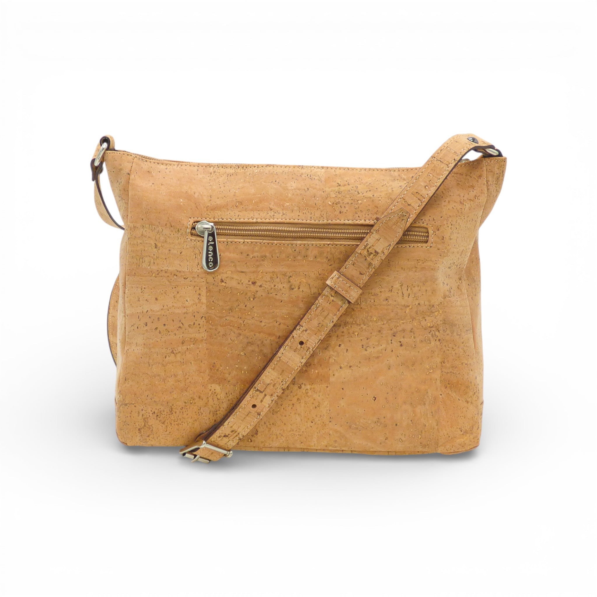Dos d'un sac bandoulière en liège naturel — Elenco, poche zippée, sangle réglable, Portugal