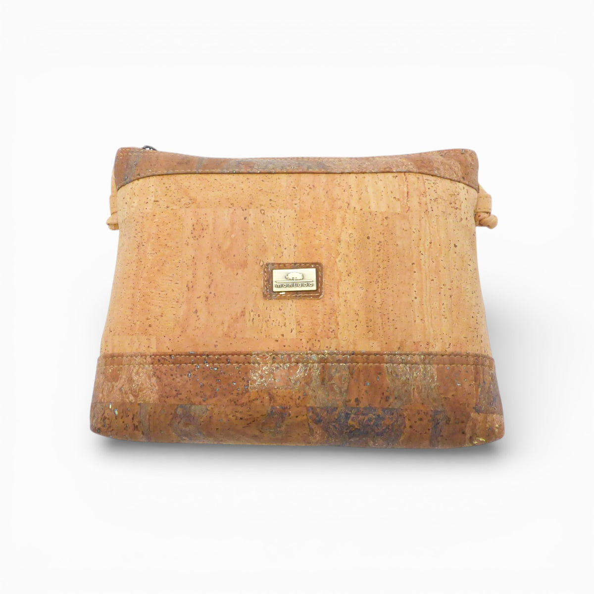 Pochette en liège naturel, bande basse mouchetée brun pailleté — Montado, vue face, Portugal