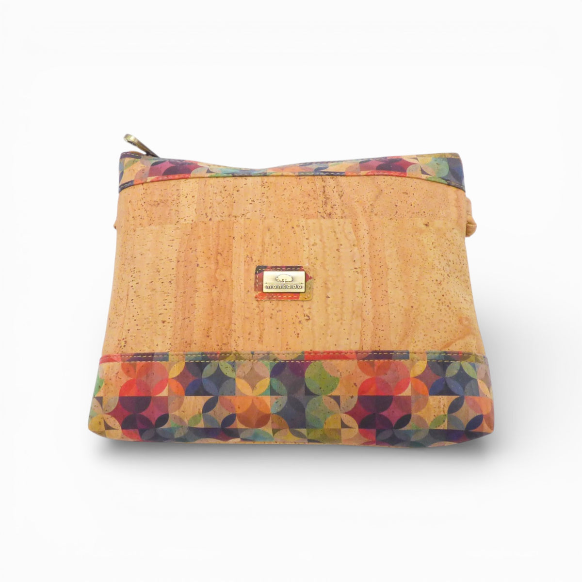 Pochette bandeau en liège de face, motif géométrique multicolore — Montado, zip, Portugal