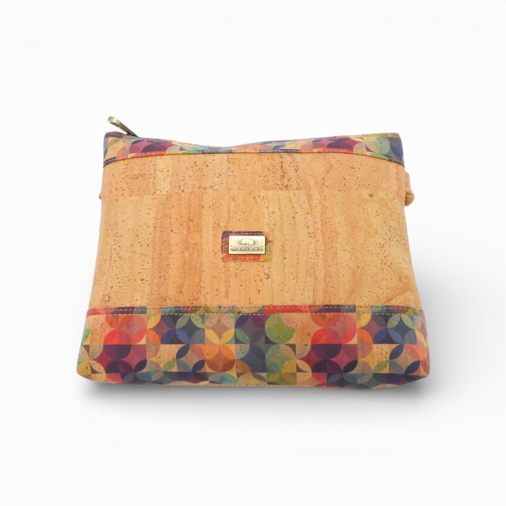 Pochette bandeau en liège de face, motif géométrique multicolore — Montado, zip, Portugal