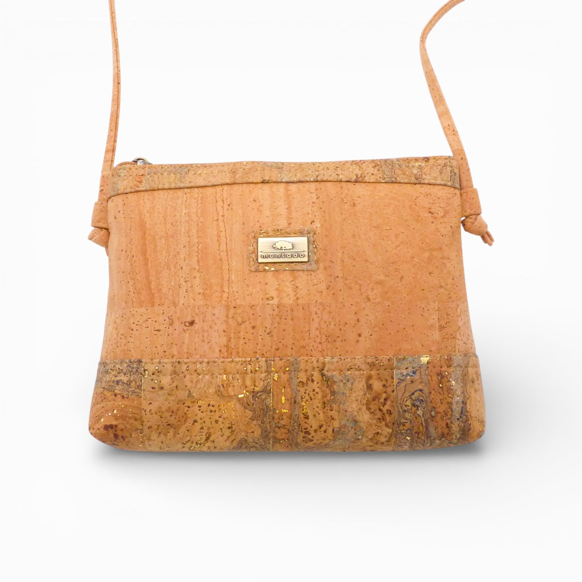 Petite pochette bandoulière en liège naturel, bande basse mouchetée — Montado, vue face, Portugal