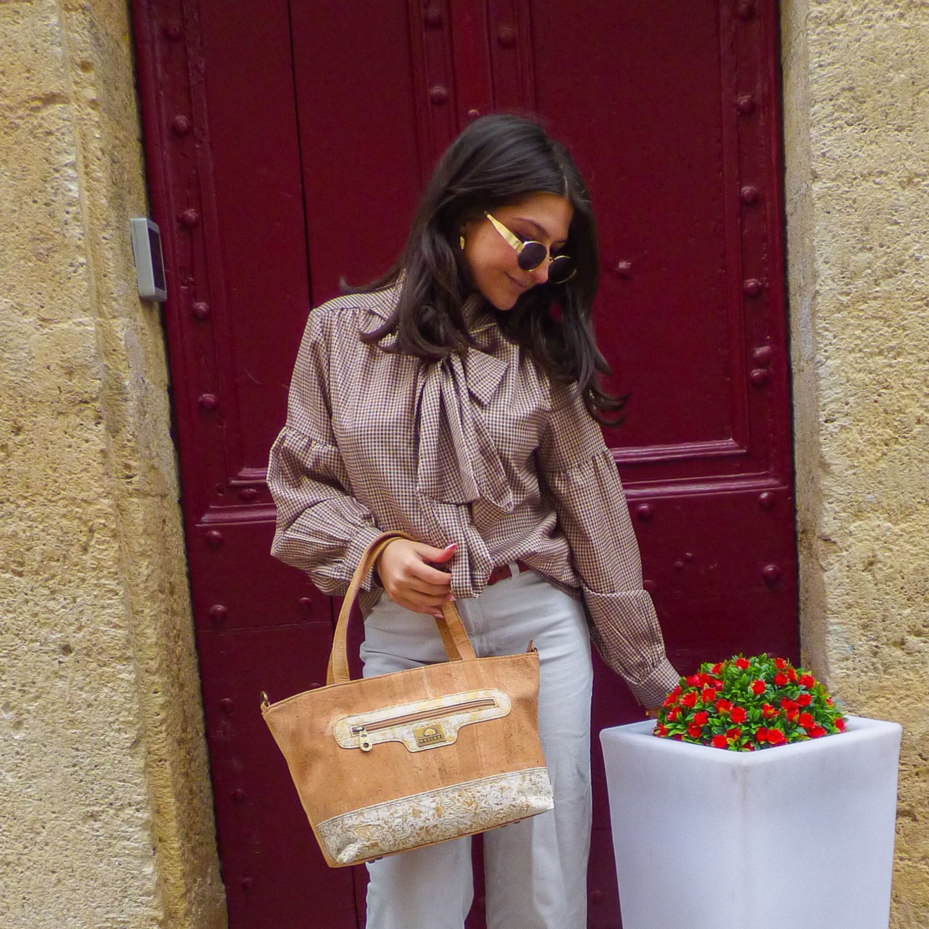 Sac à main liège Relief Montado - porté épaule, motif bleu et or - artisanat Portugal