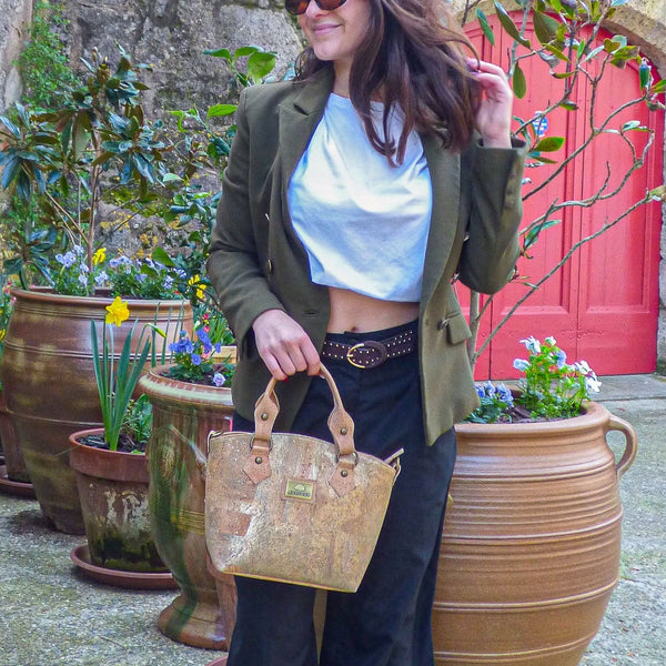 Sac trapèze liège Montado - porté main, motif vagues tons chauds - Portugal