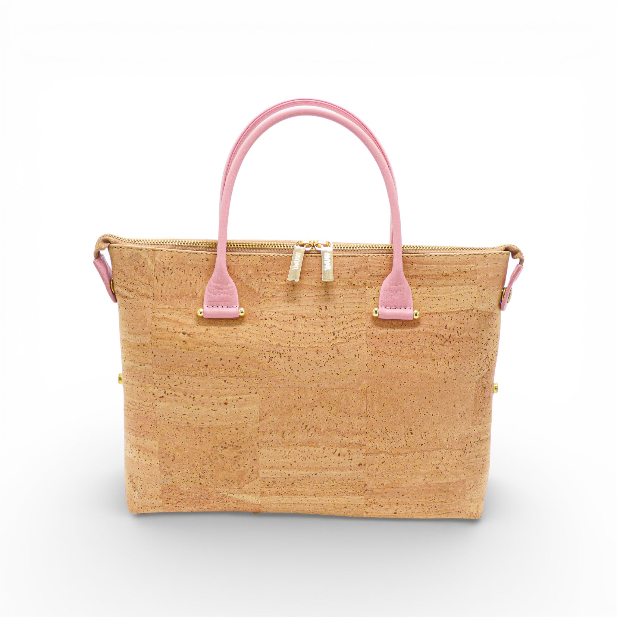 Sac convertible en liège naturel, anses rose poudré — Artipel, vue de face, zip doré, Portugal