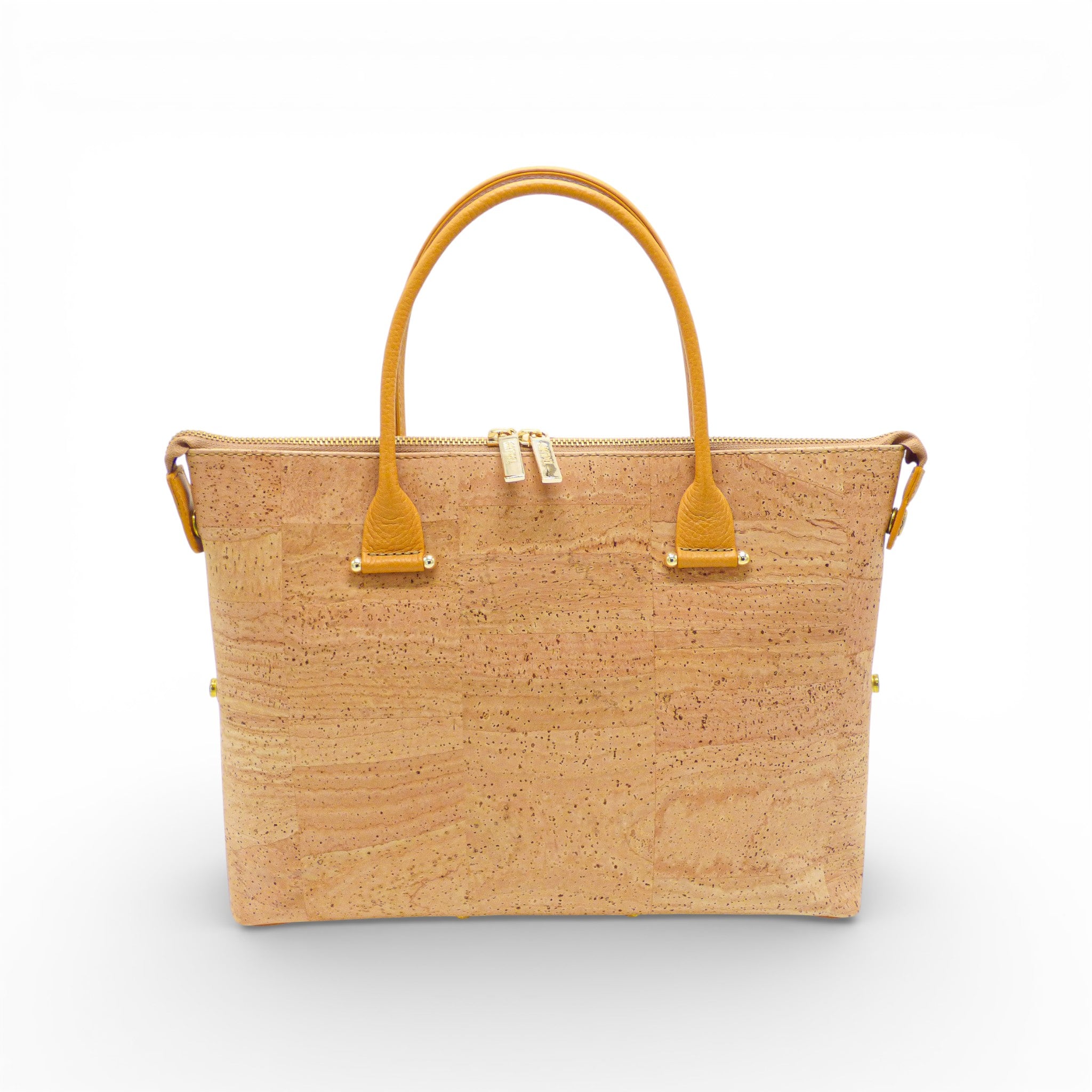 Sac convertible en liège naturel, anses jaune moutarde — Artipel, vue de face, bandoulière, zip doré, Portugal