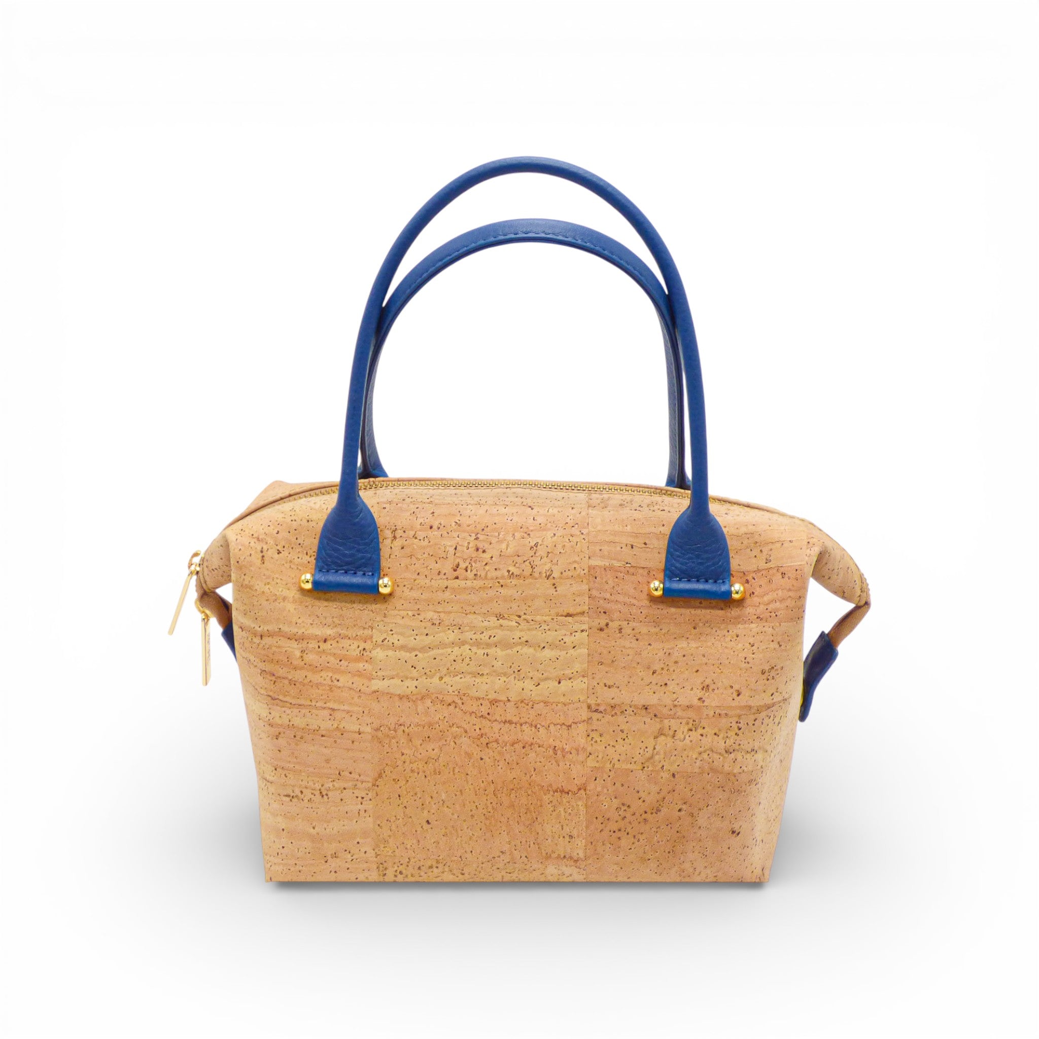 Petit sac modulable en liège naturel vue de face — Artipel, anses bleues, zip doré, Portugal