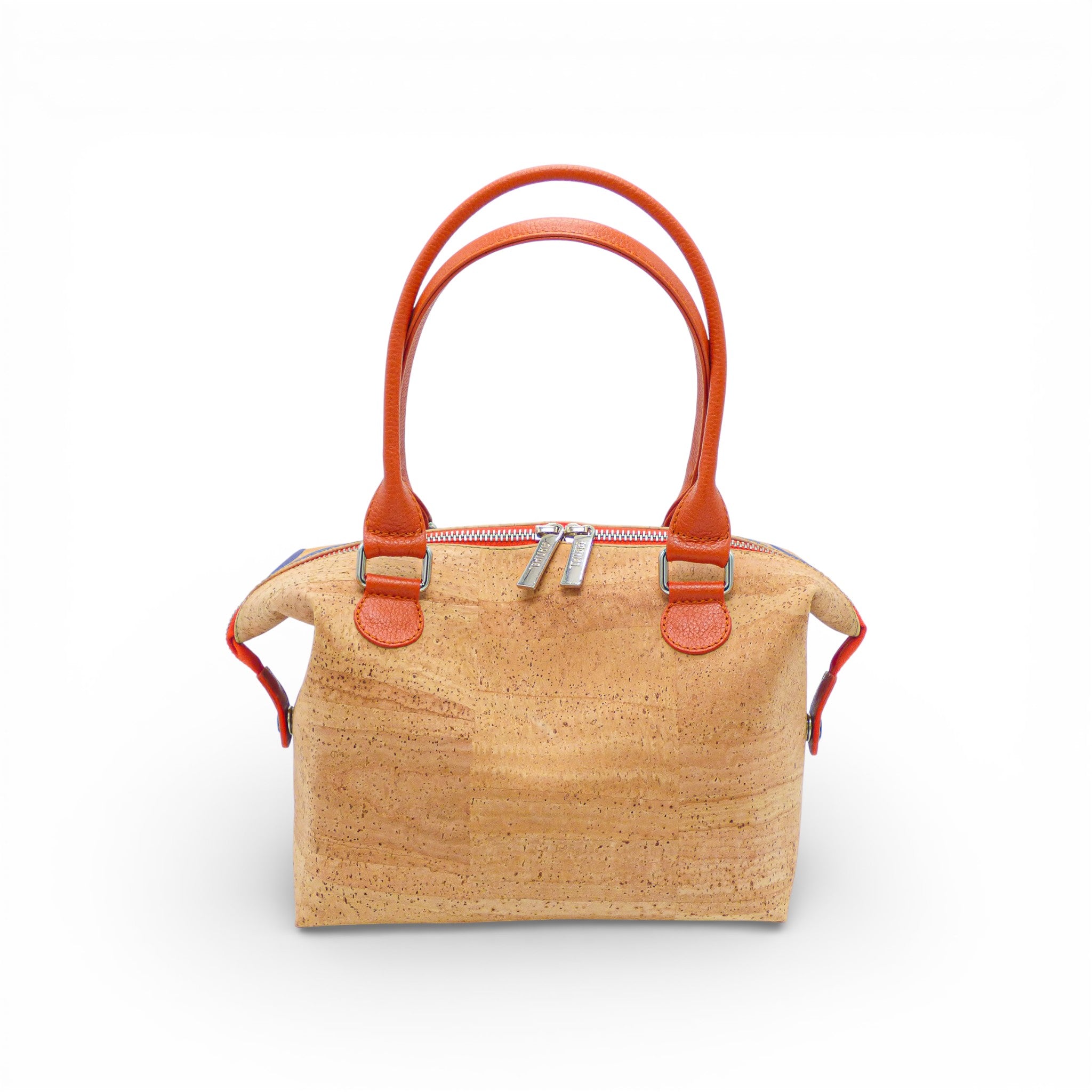 Sac tonneau en liège naturel uni anses orange — Artipel, forme bowling zippée, Portugal