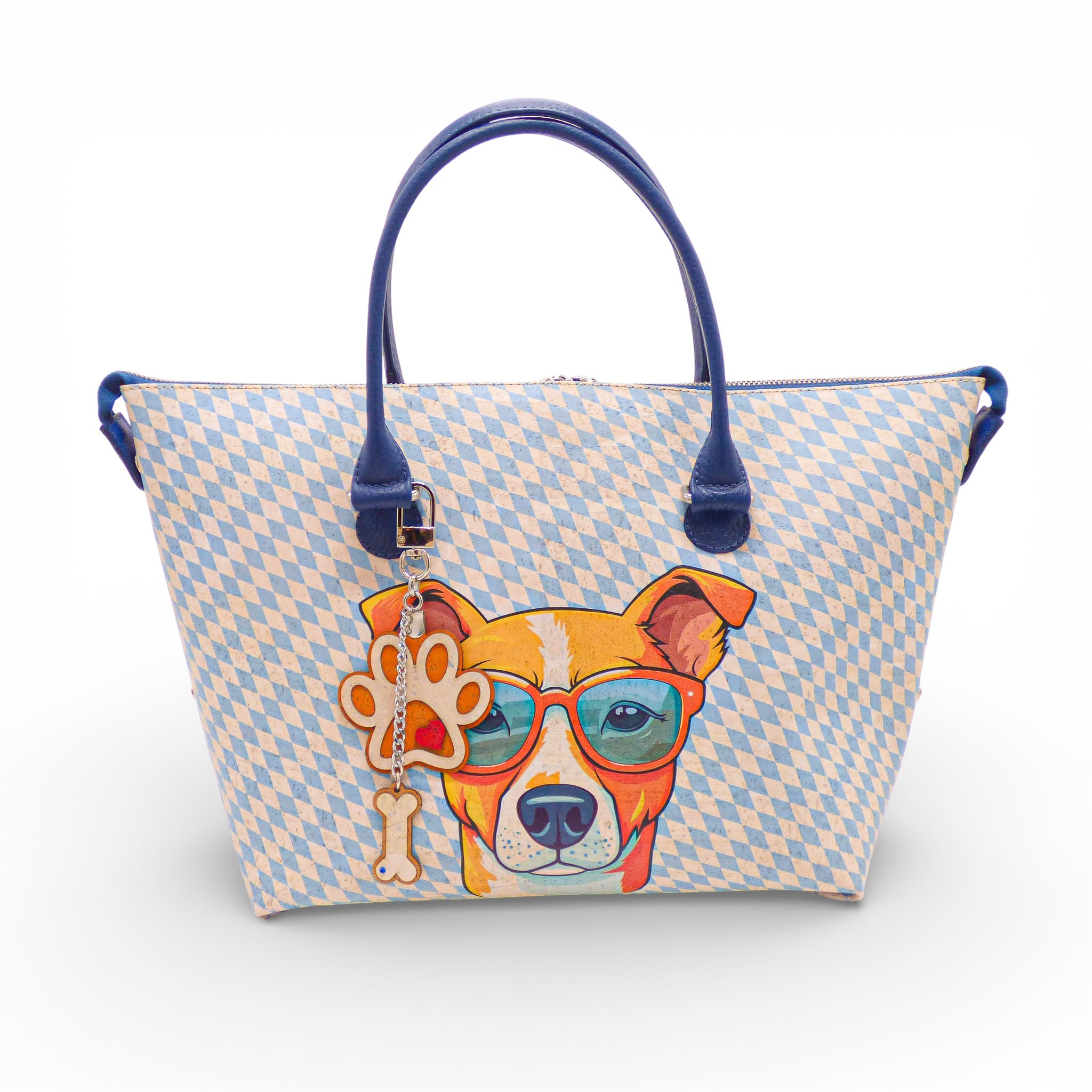 Sac en liège motif losange bleu, chien imprimé à lunettes — Artipel, breloque patte, Portugal