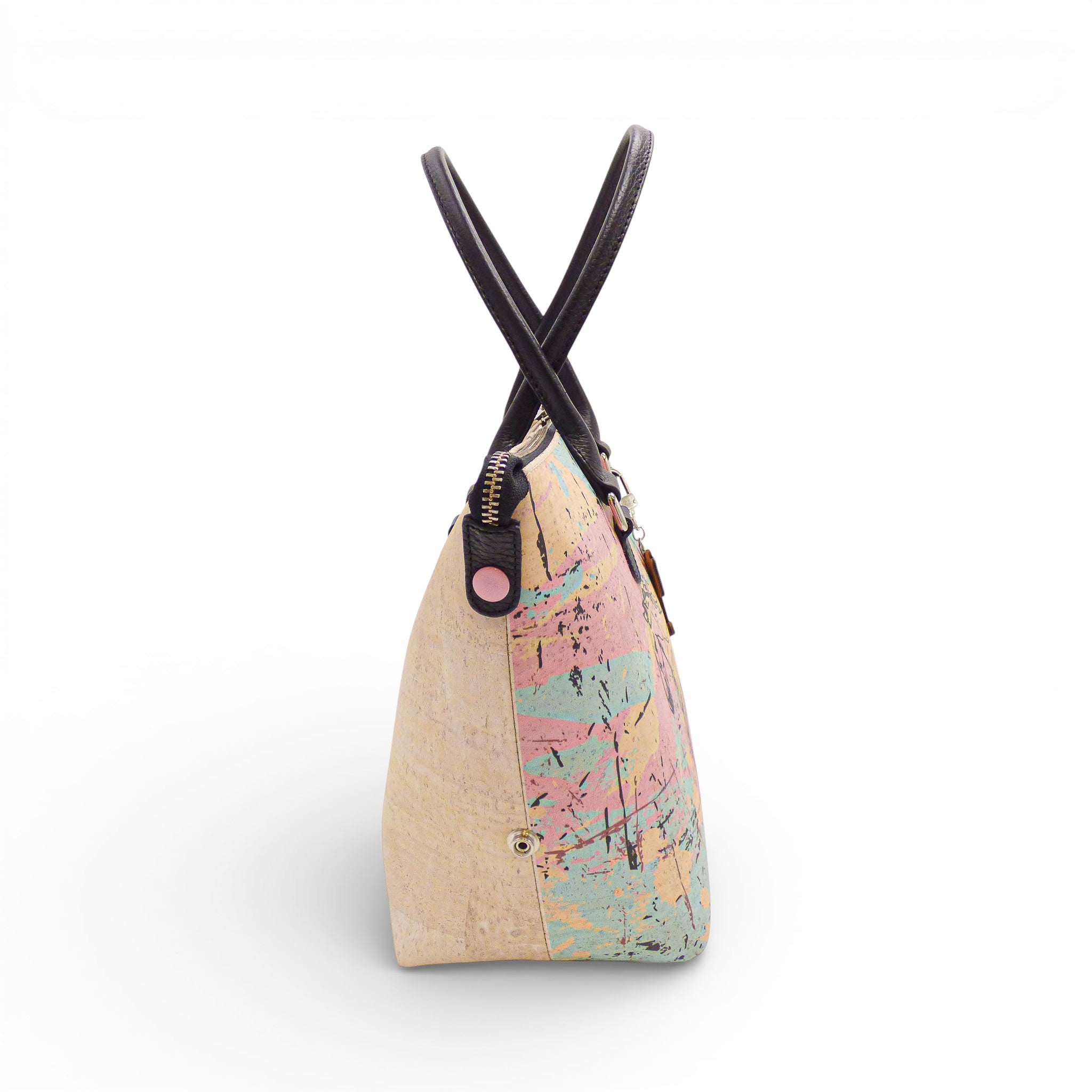 Grand sac modulable en liège moucheté pastel, profil — Artipel, anses foncées, 3 formes