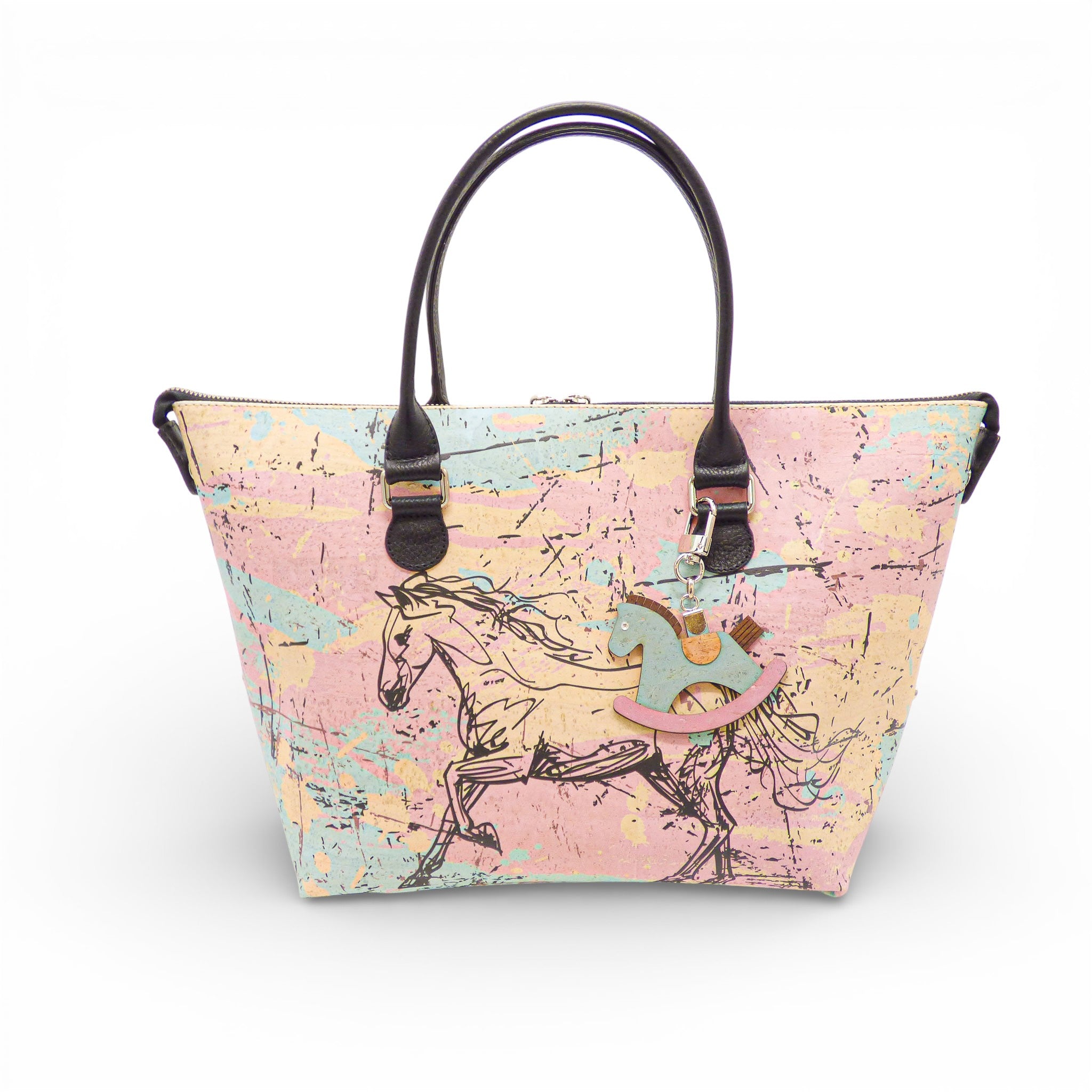Sac modulable en liège imprimé éclaboussé pastel à cheval — Artipel, anses brun foncé, Portugal