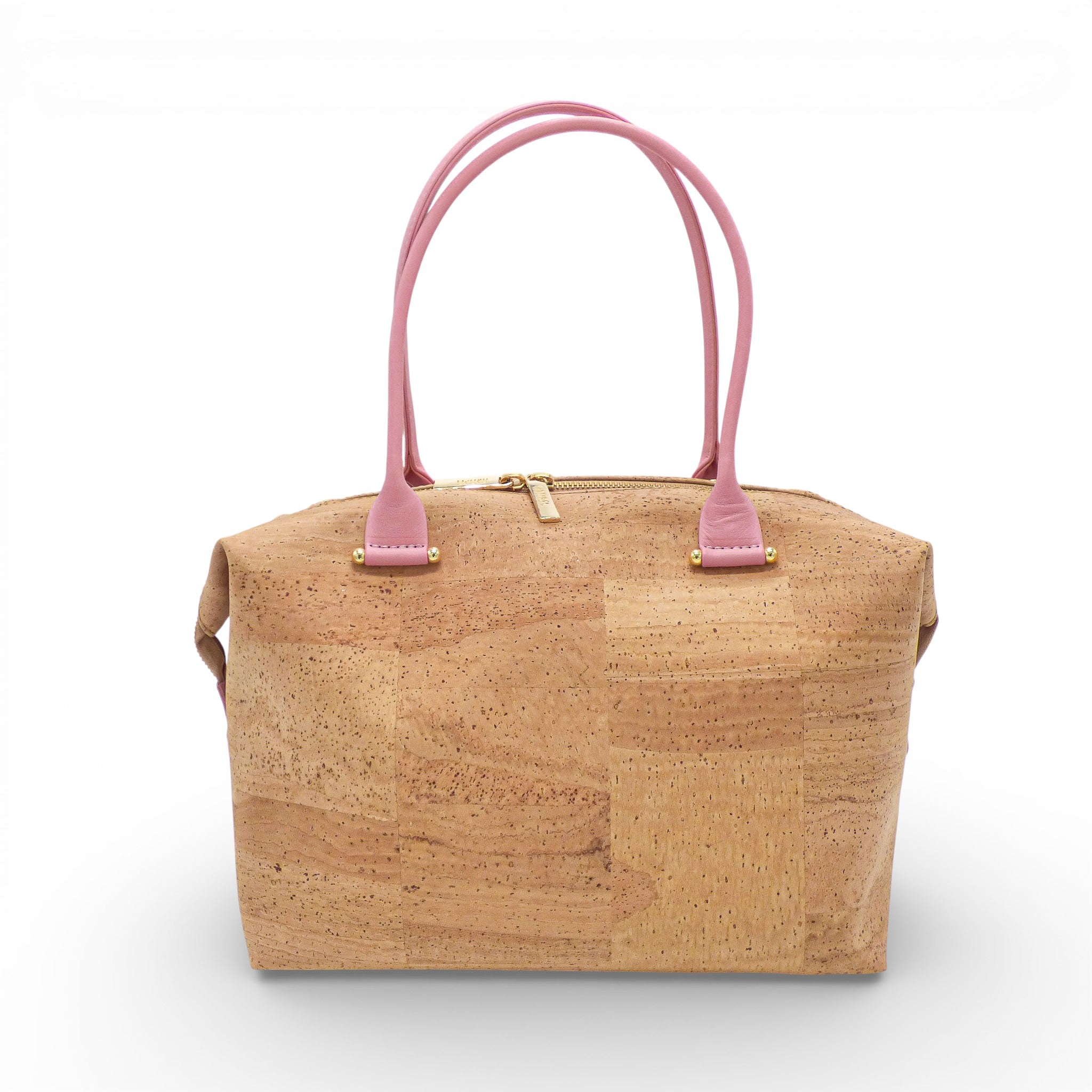 Sac modulable en liège naturel vu de face, anses cuir rose — Artipel, zip doré, Portugal
