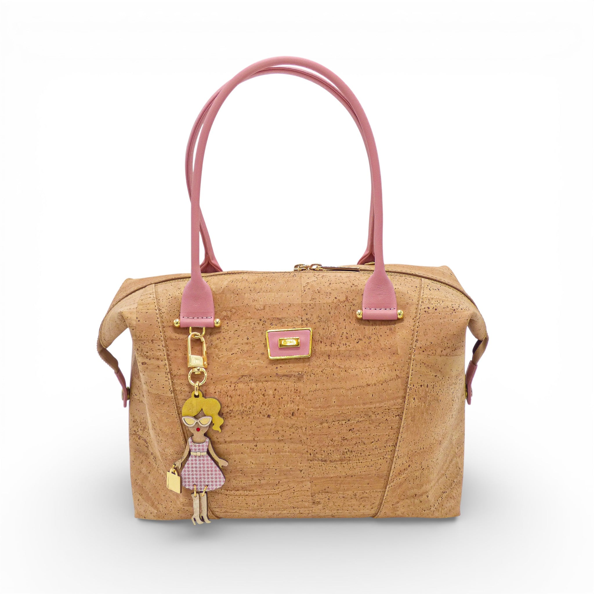 Sac boston en liège naturel face, anses rose poudré — Artipel, breloque poupée, Portugal