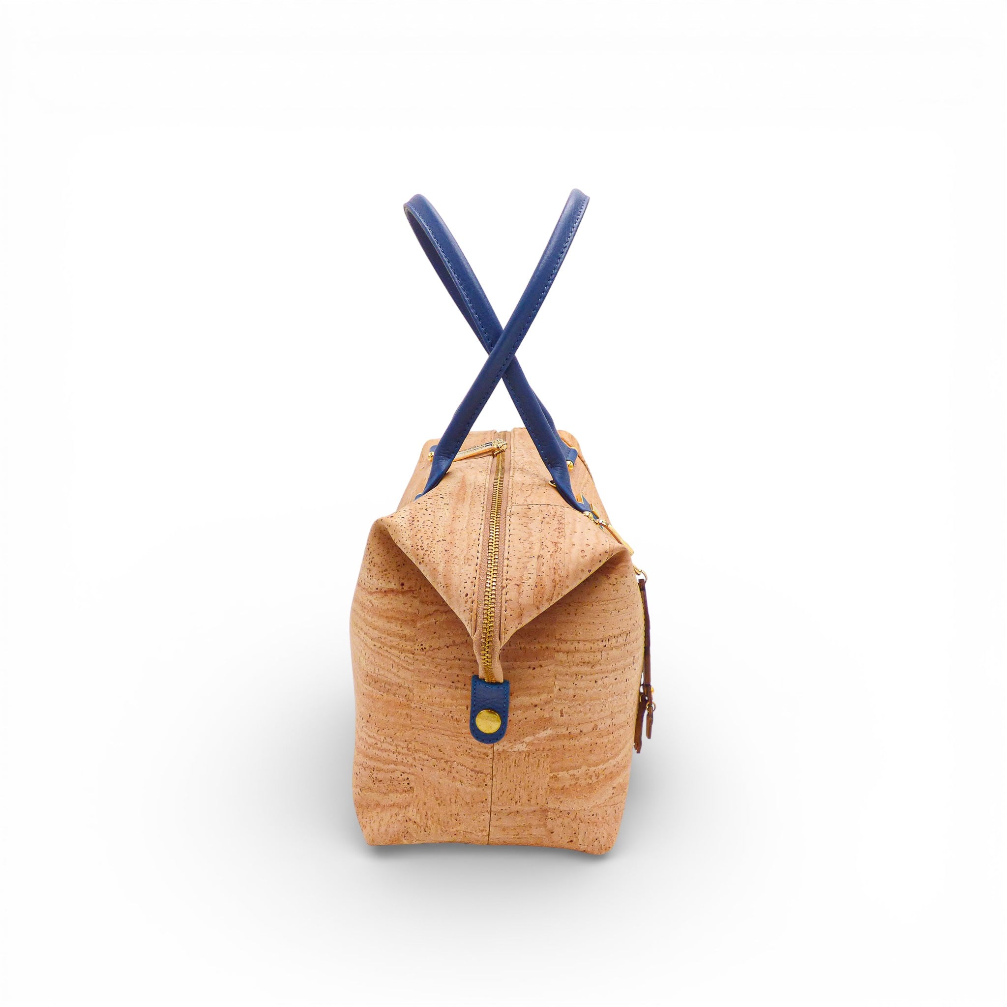 Profil du sac modulable en liège naturel ouvert — Artipel, forme bowling, anses bleues, Portugal