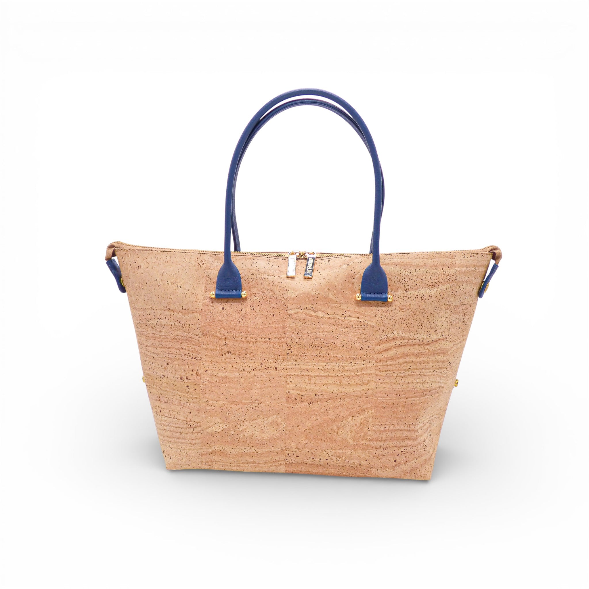 Sac modulable en liège naturel uni, format cabas de face — Artipel, anses bleues, Portugal