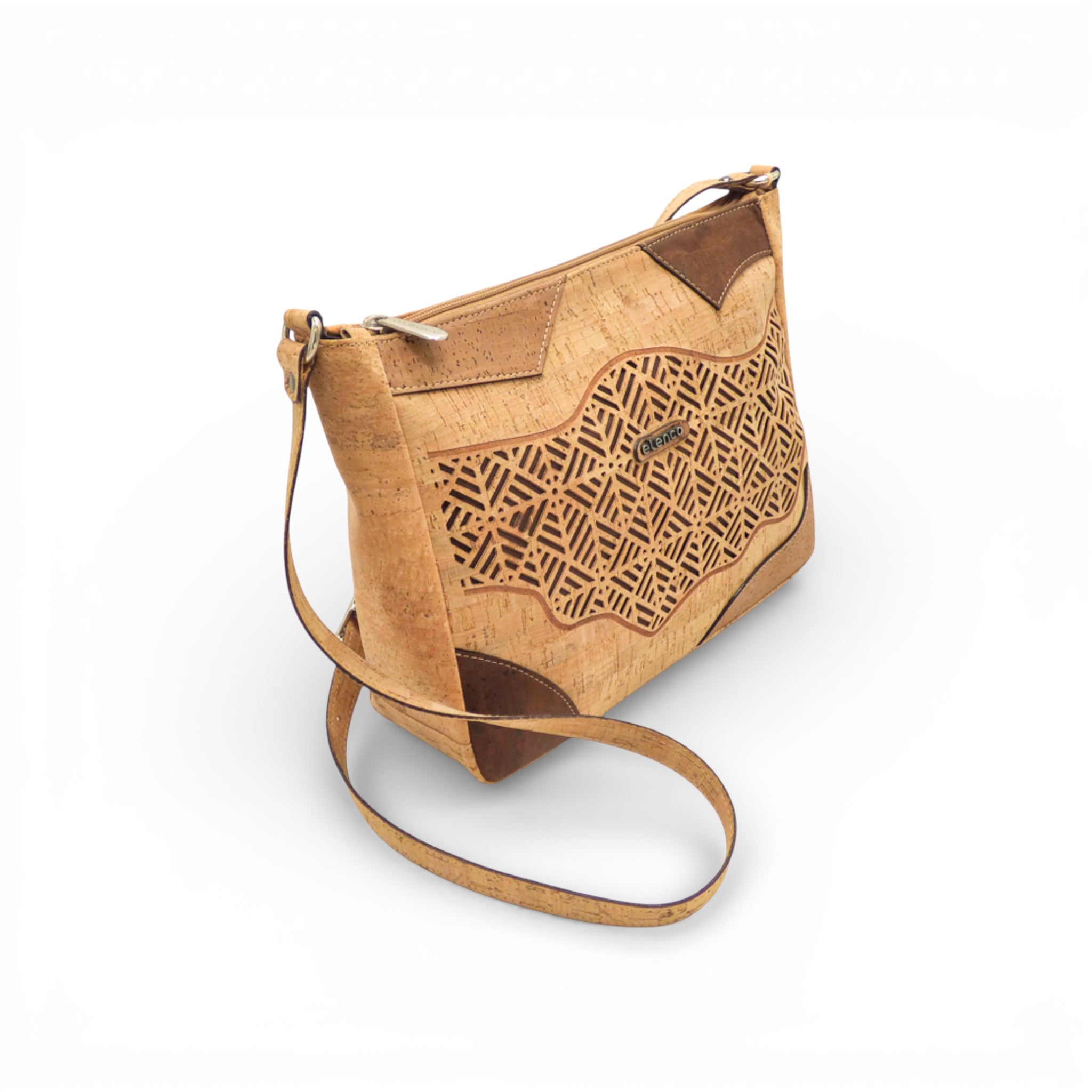 Sac bandoulière "Mosaïque" géométrique Elenco en liège avec motifs colorés et design moderne.