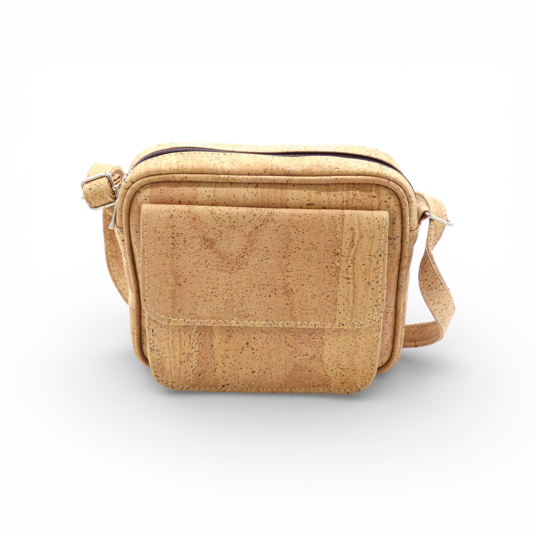 Sac bandoulière carré Marla Pais en liège, moyen format avec poche avant rigide, résistant et imperméable.