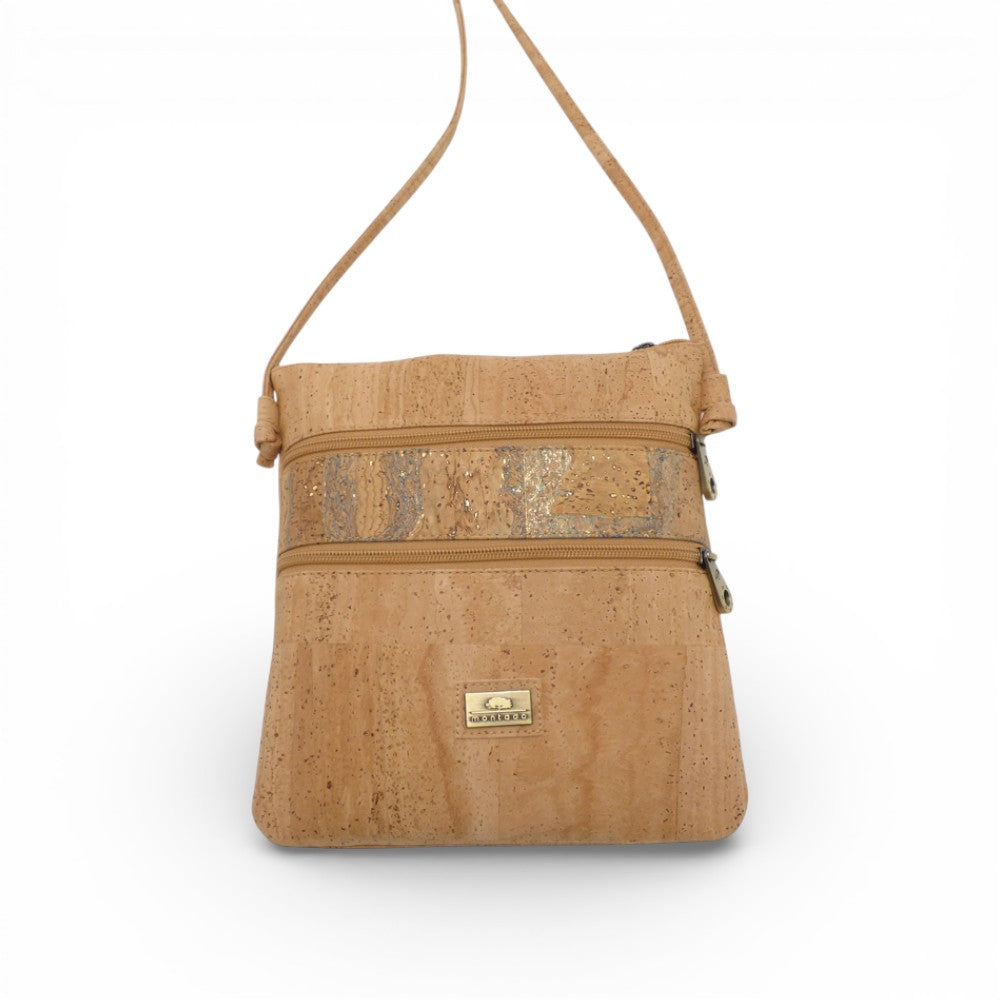 Sac bandoulière en liège naturel, bande marbrée gris argent — Montado, double zip, Portugal