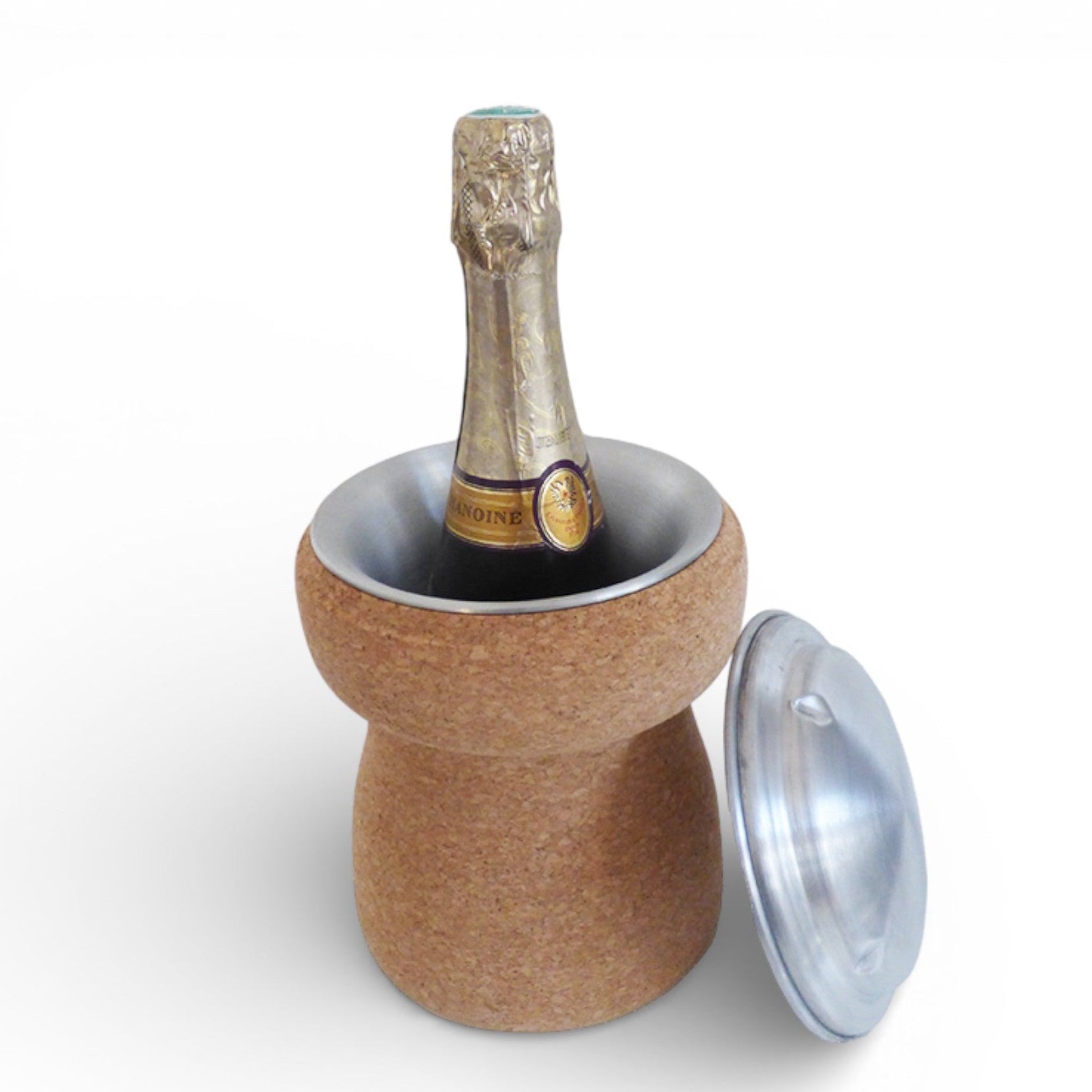 Viking Champagne bottle and ice bucket with natural cork lid, perfect for elegant table settings.