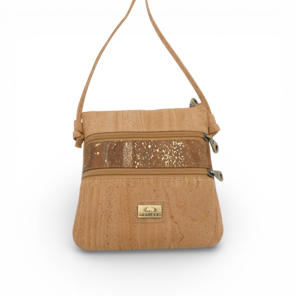 Sac bandoulière en liège naturel, bande mouchetée or — Montado, double zip, Portugal