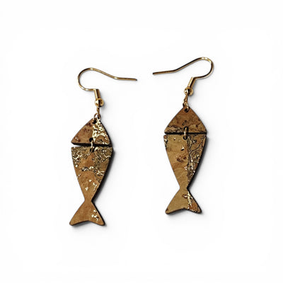 Boucles d'oreilles poisson en liège naturel doré, bijou léger artisanat Portugal