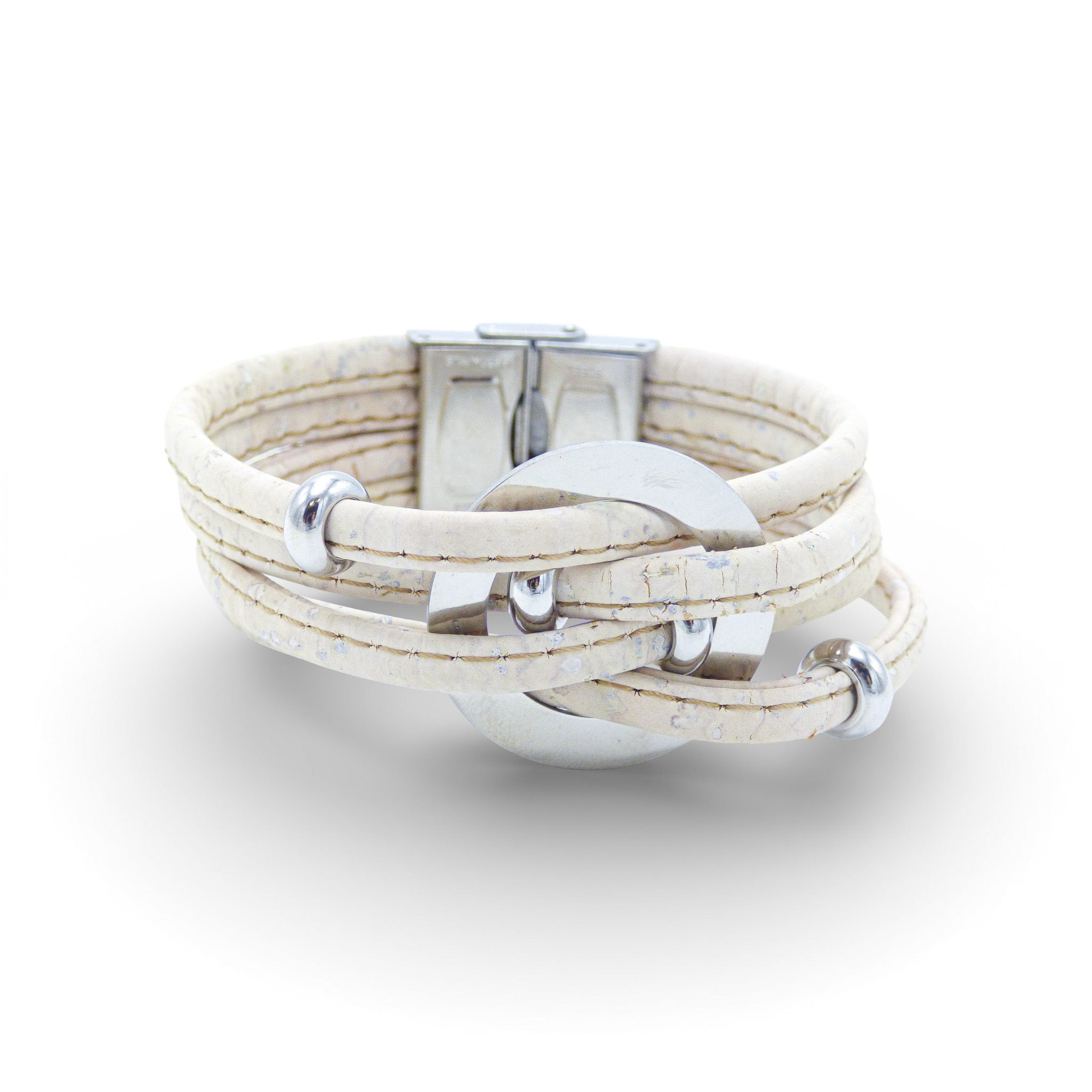 Multi-layered bracelet with a central medallion in Cork Colors, featuring a silver clasp and white cork material.