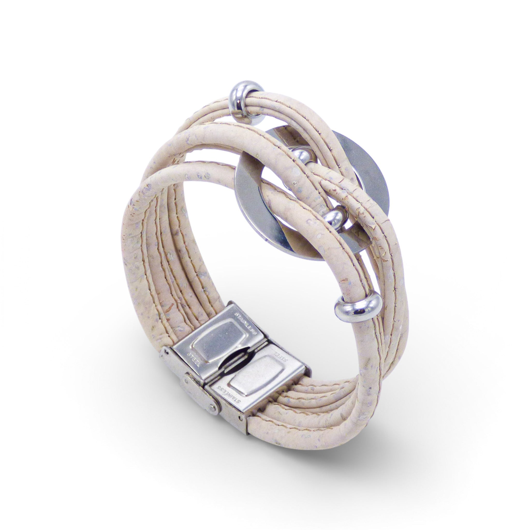 Multi-layered bracelet with central medallion in cork colors, featuring a silver clasp and a textured design.