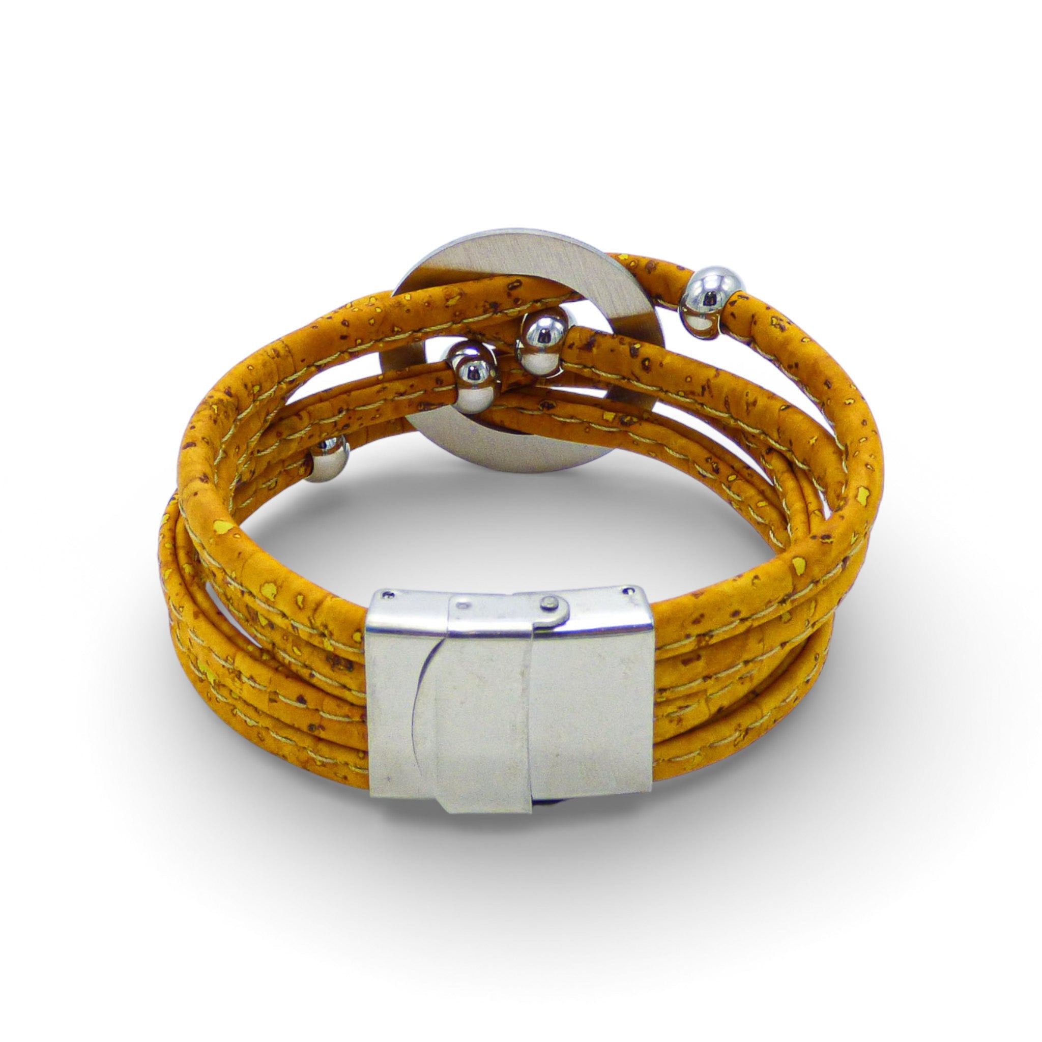Multi-layered bracelet by Cork Colors featuring a central medallion and a large silver clasp in vibrant cork colors.