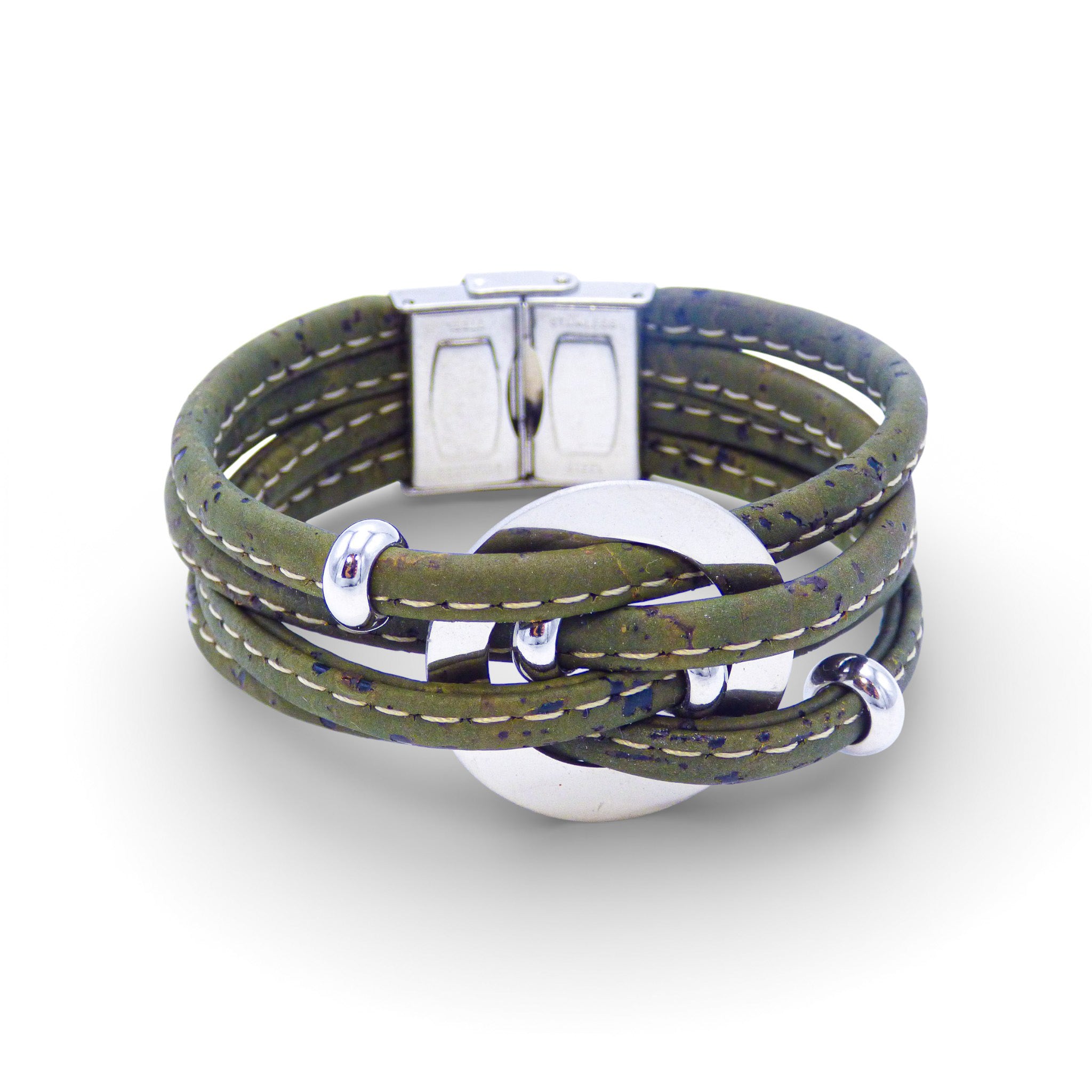 Multi-layered bracelet with central medallion by Cork Colors in earthy cork tones and silver clasp detail.