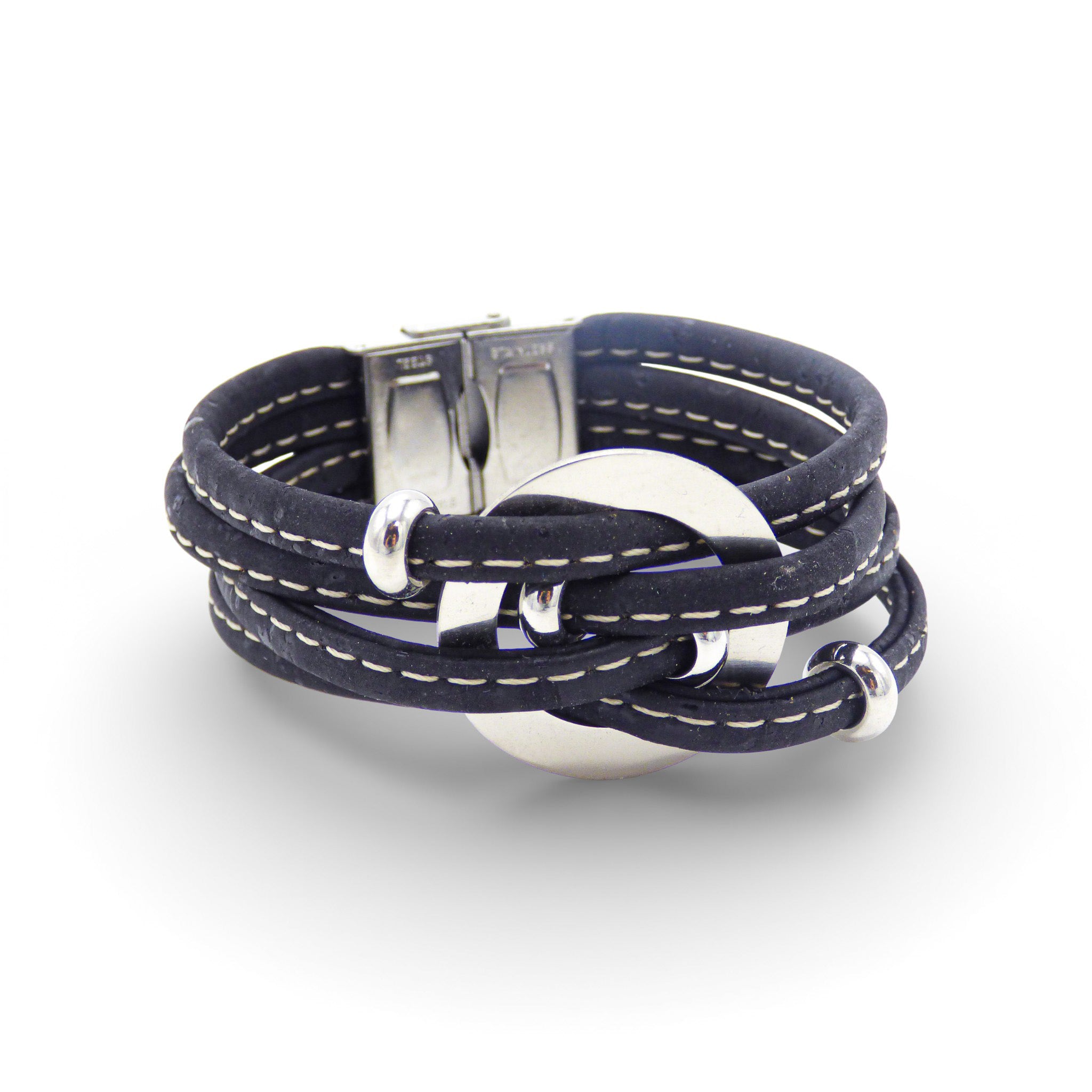 Bracelet multi-rangs en liège bleu marine — Cork Colors, médaillon argenté, surpiqûre blanche, Portugal