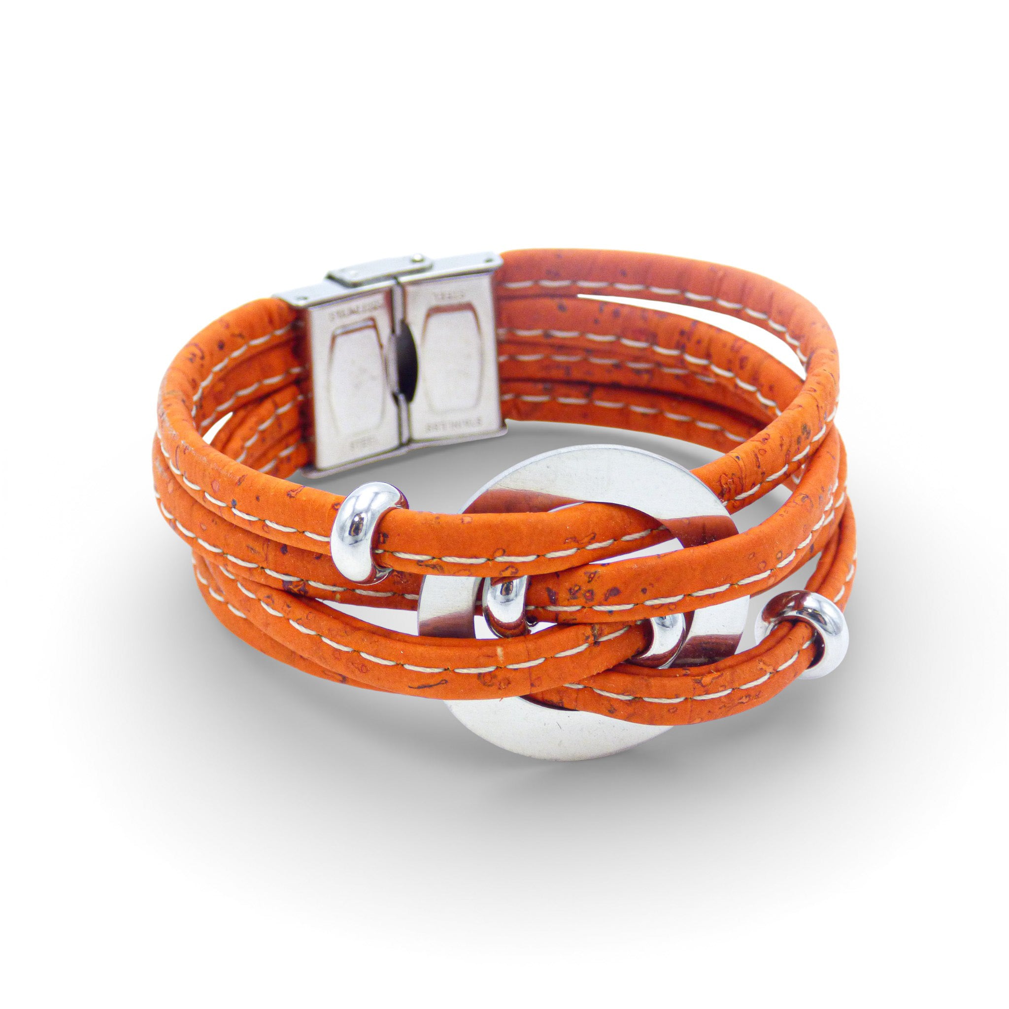 Multi-strand bracelet with central medallion by Cork Colors in vibrant cork colors, featuring a silver clasp.