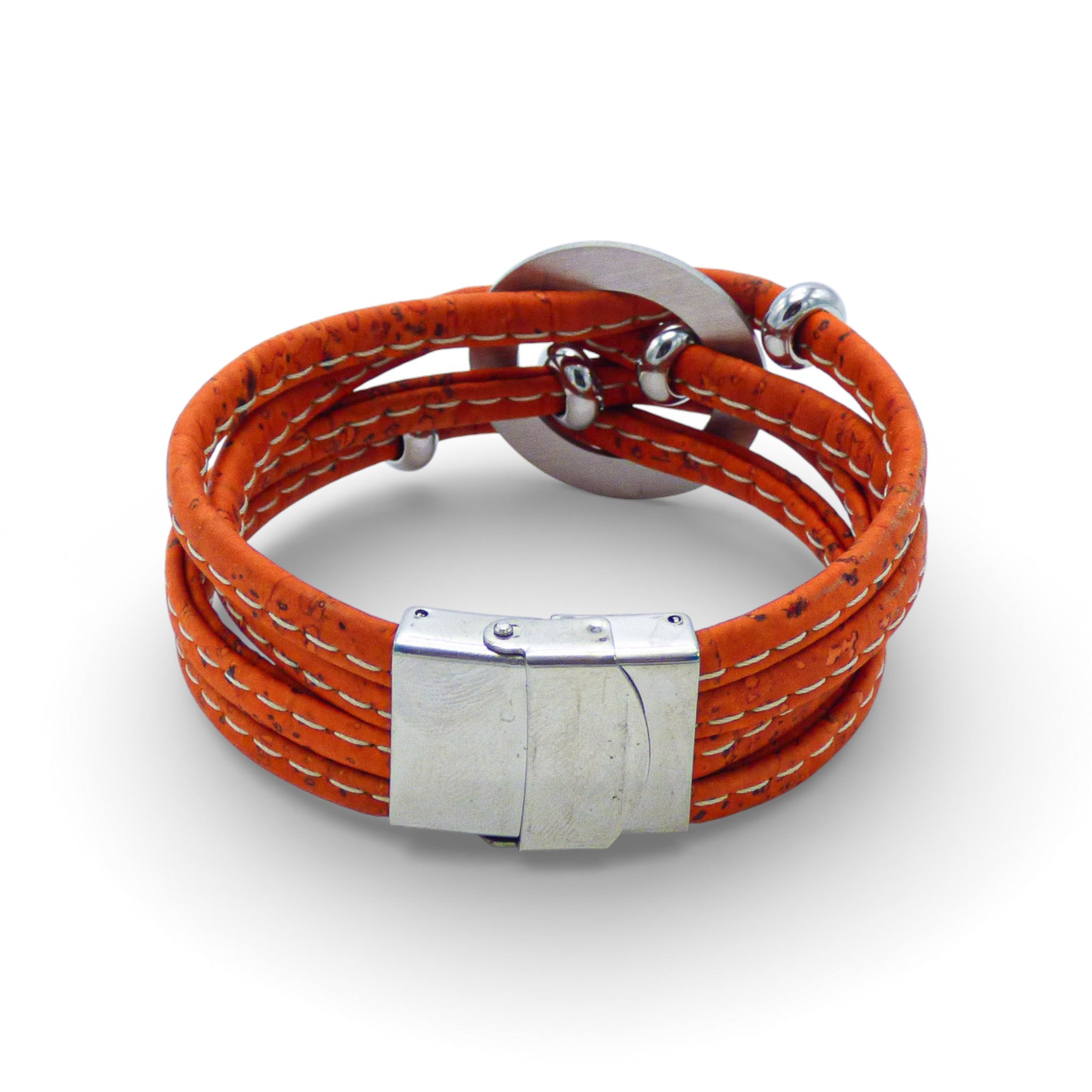 Multi-layered bracelet with a central medallion in vibrant cork colors by Cork Colors, featuring a silver clasp.